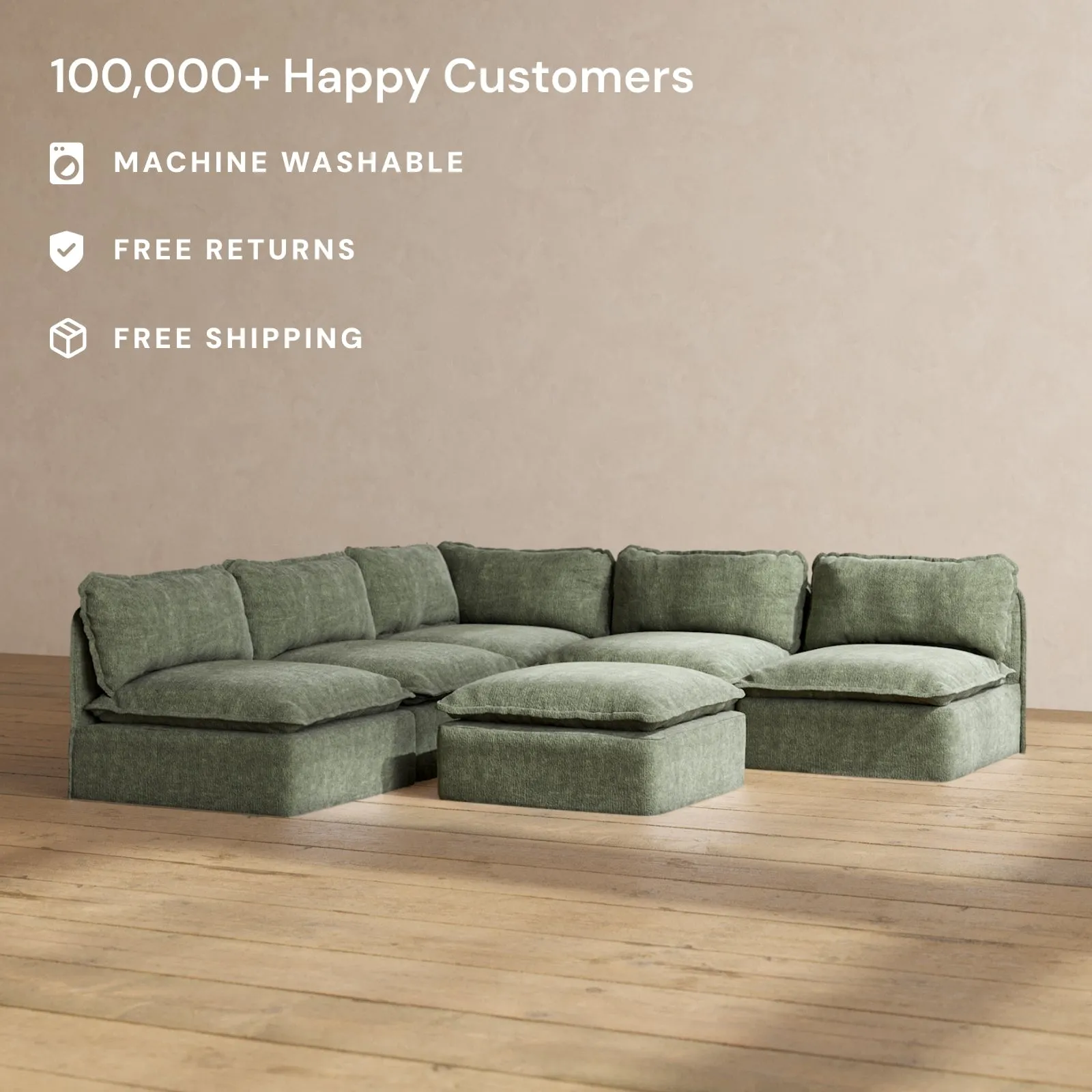 Modular Performance 5-Seater Open-Ends Corner Sectional   Ottoman in Willow | Deluxe Blend