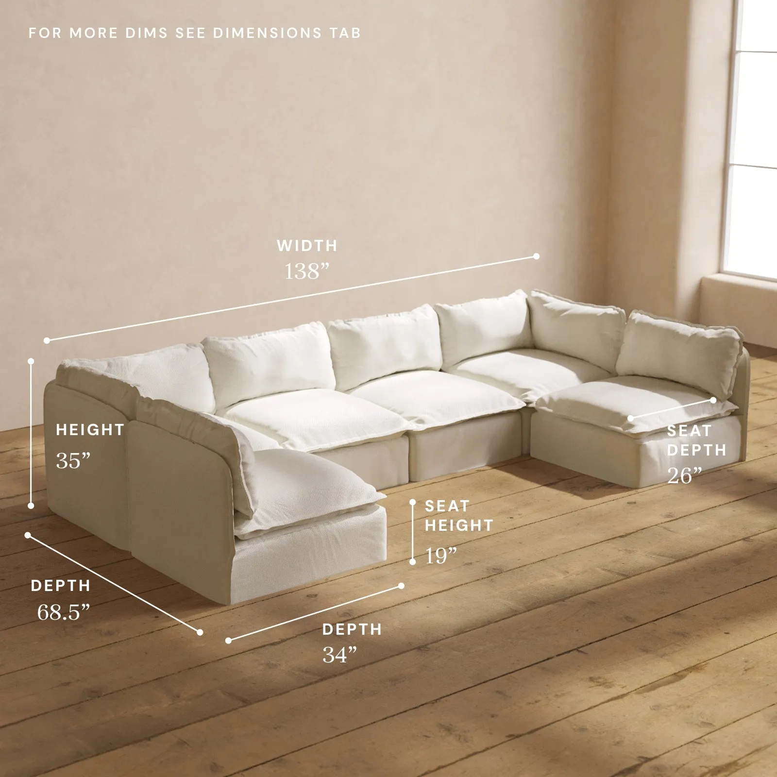 Modular Performance 6-Seater Open-Ends U-Sectional in Eggshell | Relaxed Blend