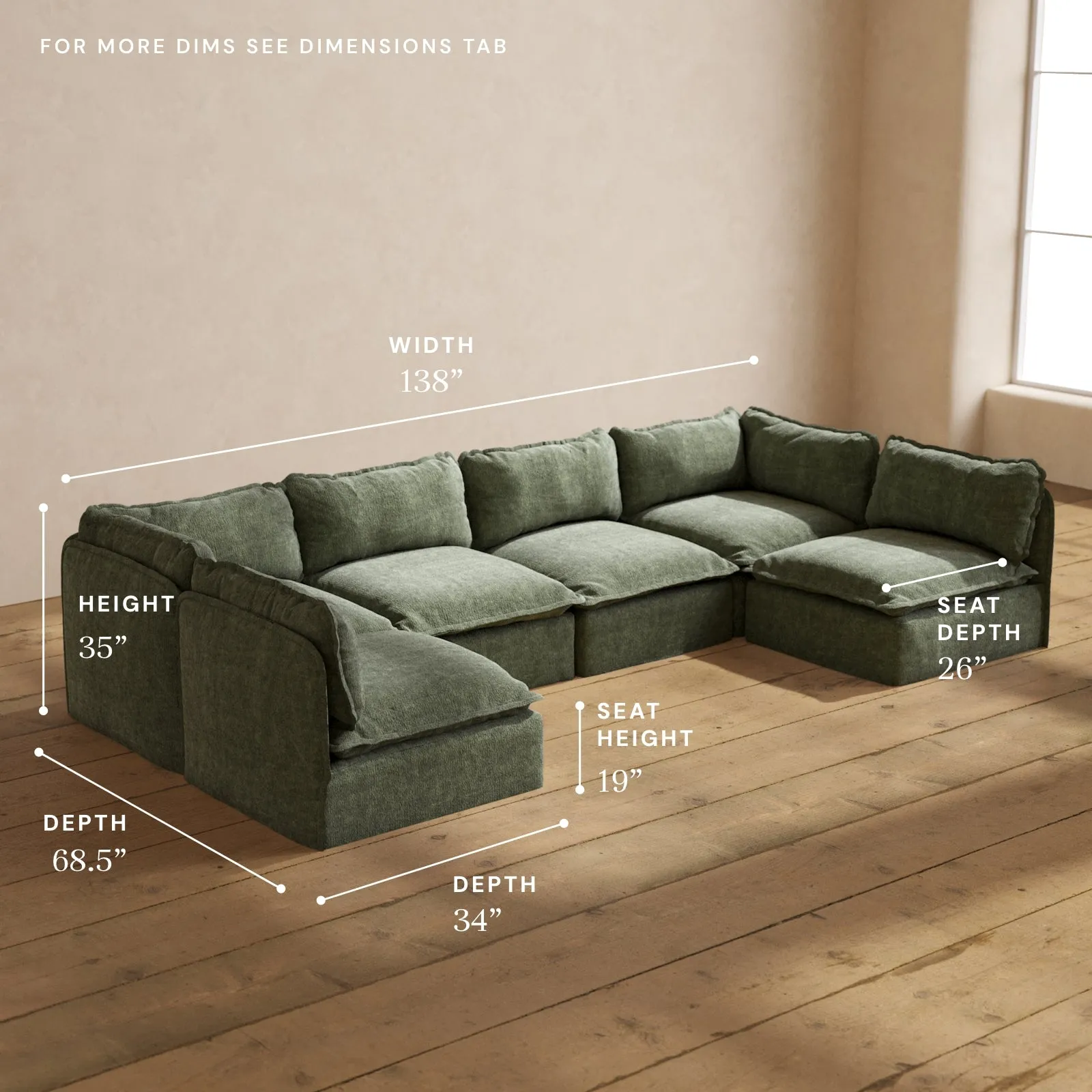 Modular Performance 6-Seater Open-Ends U-Sectional in Willow | Relaxed Blend