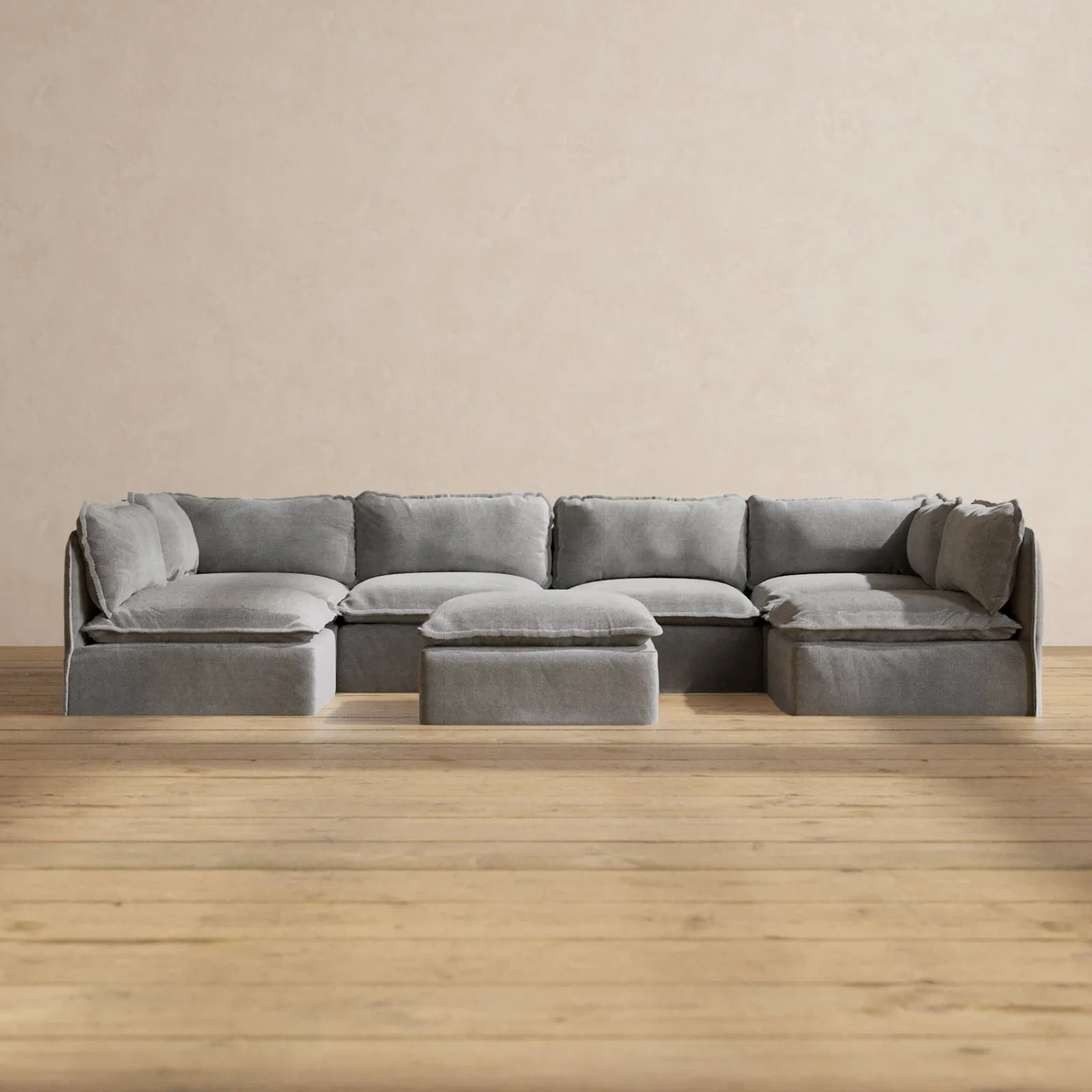 Modular Performance 6-Seater Open-Ends U-Sectional   Ottoman in Ash | Relaxed Blend