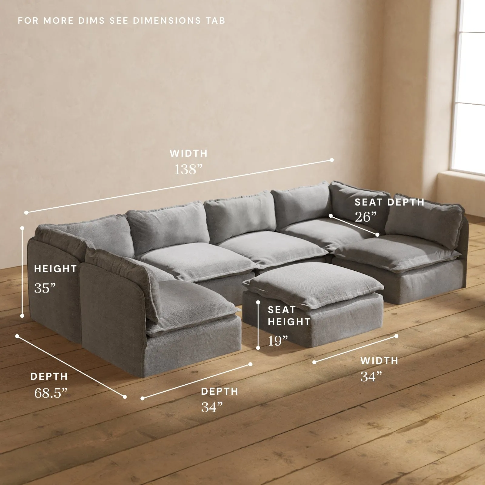 Modular Performance 6-Seater Open-Ends U-Sectional   Ottoman in Ash | Relaxed Blend