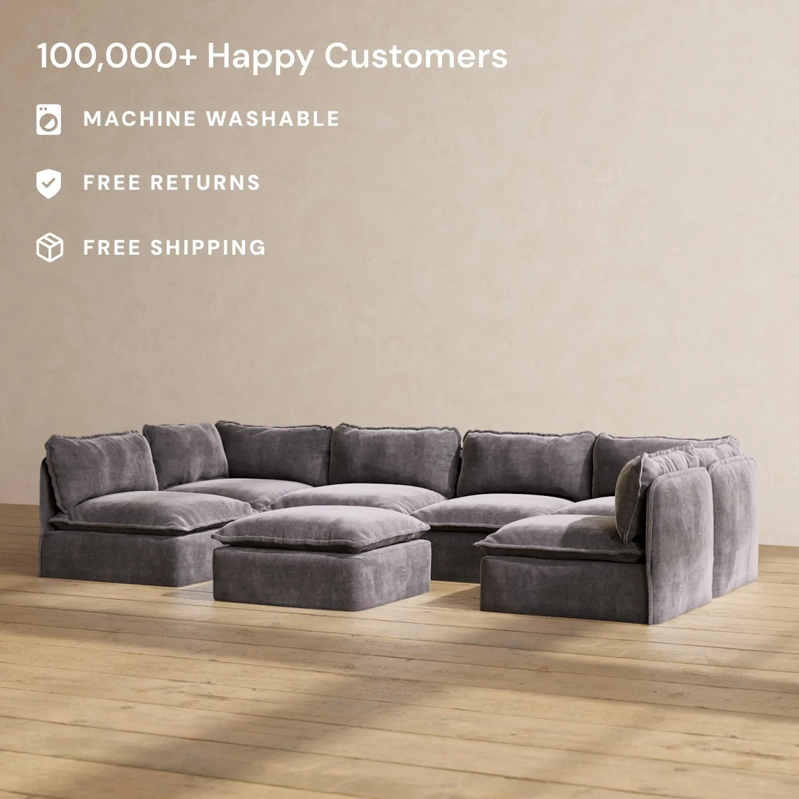 Modular Performance 6-Seater Open-Ends U-Sectional   Ottoman in Cinder | Deluxe Blend