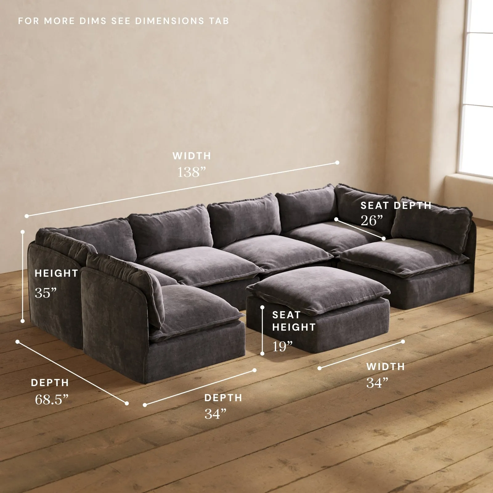 Modular Performance 6-Seater Open-Ends U-Sectional   Ottoman in Cinder | Deluxe Blend