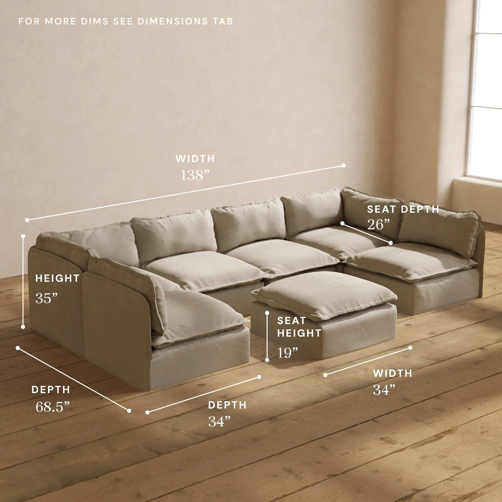 Modular Performance 6-Seater Open-Ends U-Sectional   Ottoman in Dune | Deluxe Blend