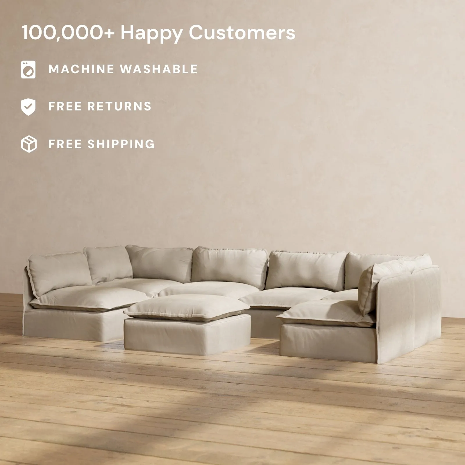 Modular Performance 6-Seater Open-Ends U-Sectional   Ottoman in Dune | Relaxed Blend
