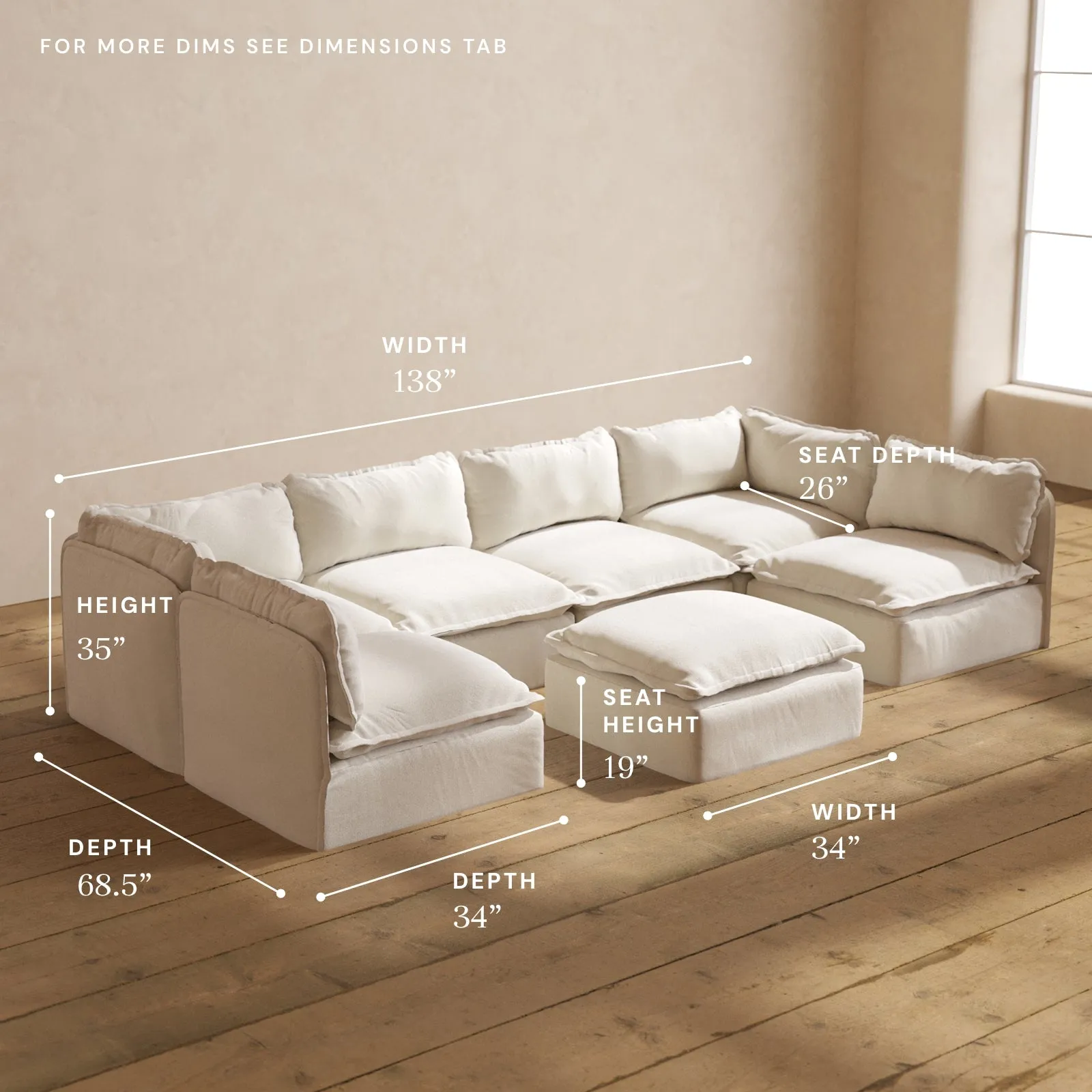 Modular Performance 6-Seater Open-Ends U-Sectional   Ottoman in Flour | Relaxed Blend