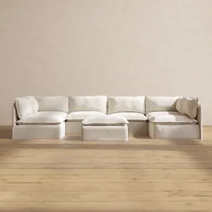 Modular Performance 6-Seater Open-Ends U-Sectional   Ottoman in Flour | Relaxed Blend