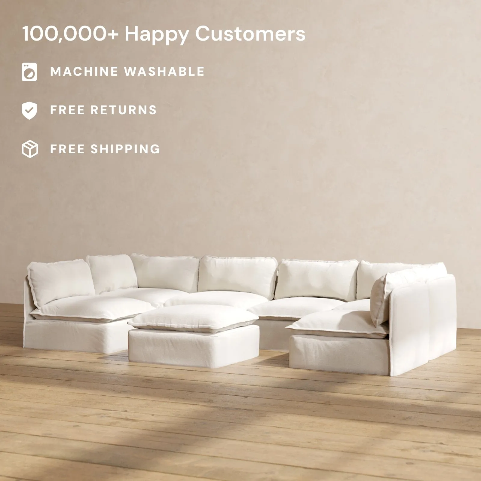 Modular Performance 6-Seater Open-Ends U-Sectional   Ottoman in Flour | Relaxed Blend