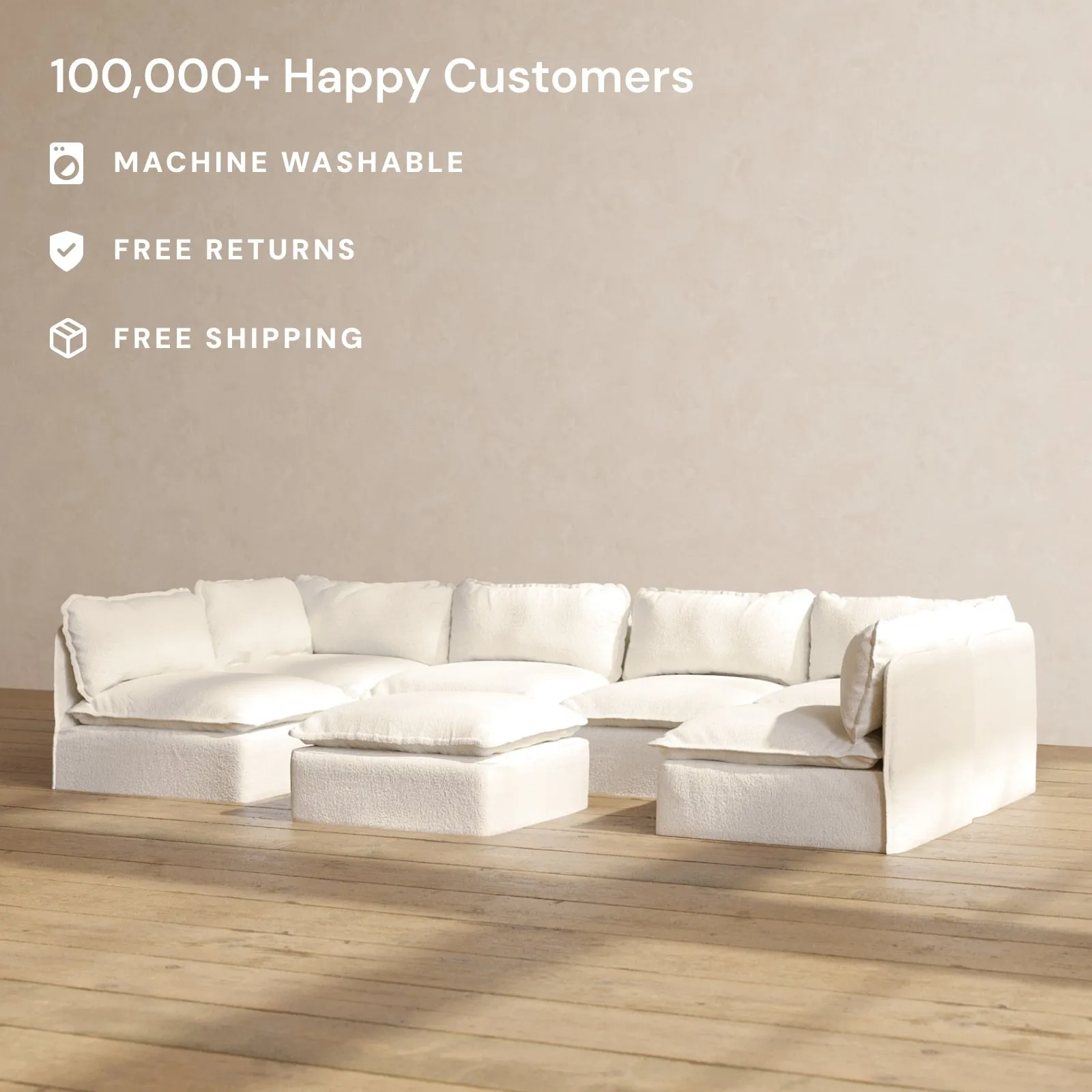 Modular Performance 6-Seater Open-Ends U-Sectional   Ottoman in Mousse | Relaxed Blend