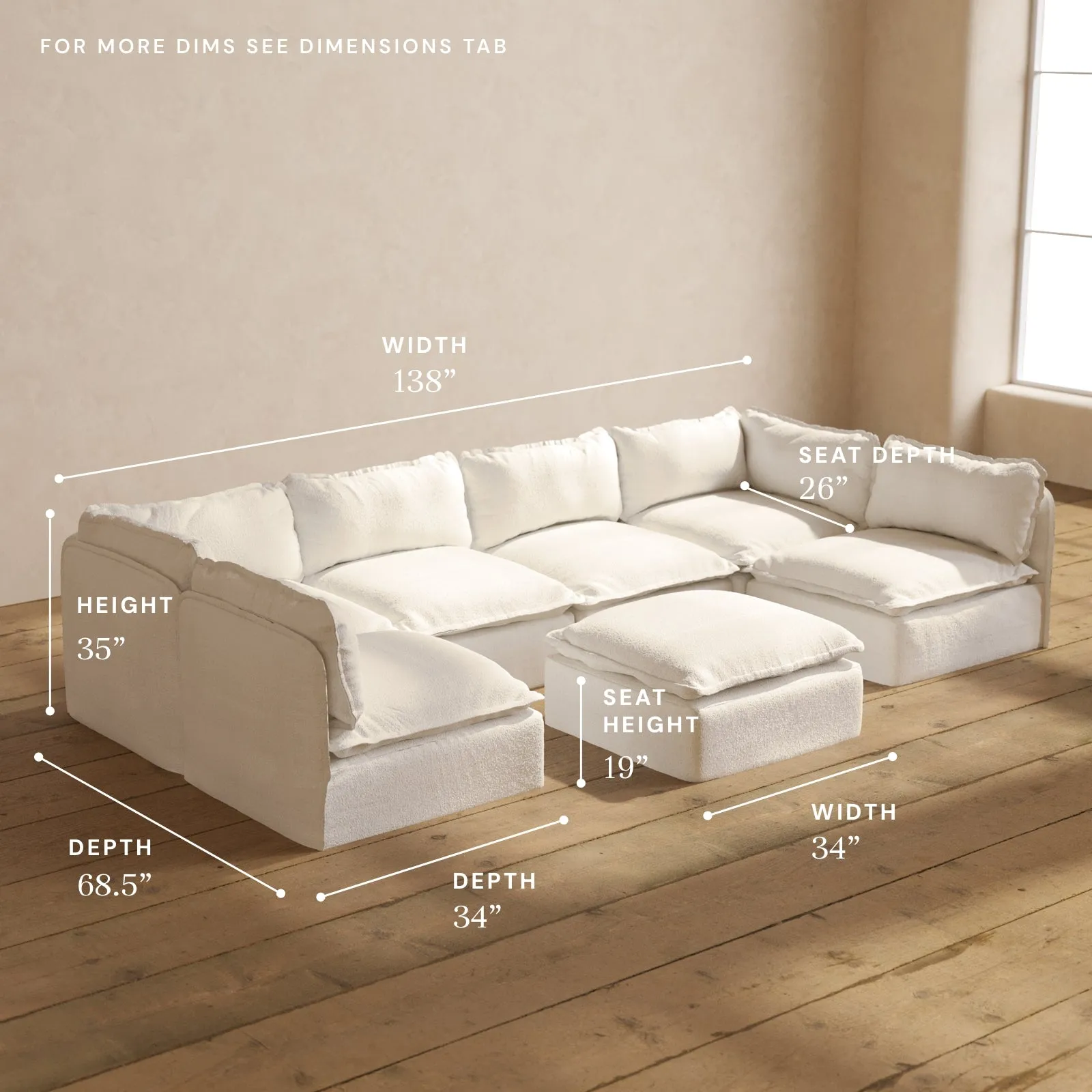 Modular Performance 6-Seater Open-Ends U-Sectional   Ottoman in Mousse | Relaxed Blend