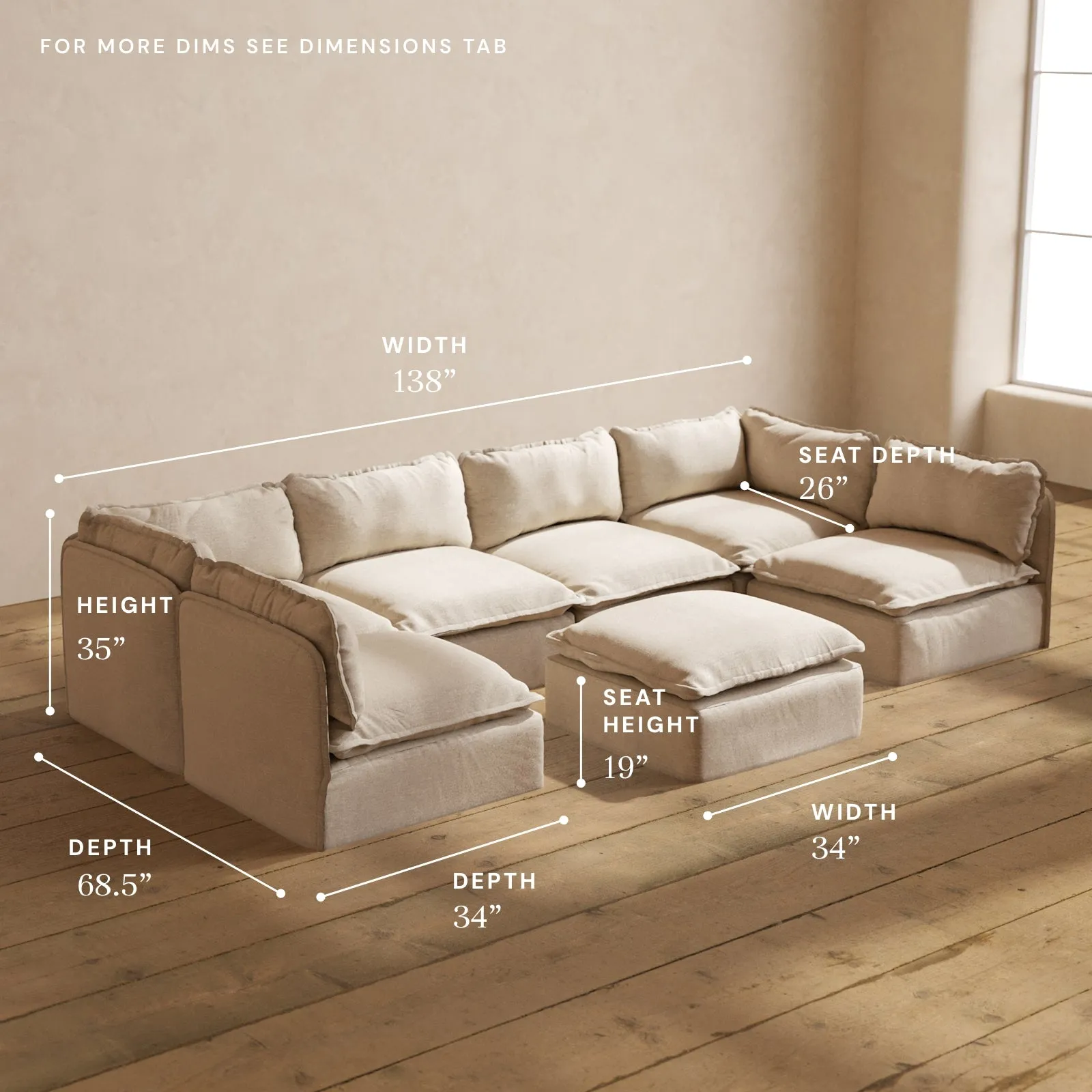 Modular Performance 6-Seater Open-Ends U-Sectional   Ottoman in Oat | Relaxed Blend