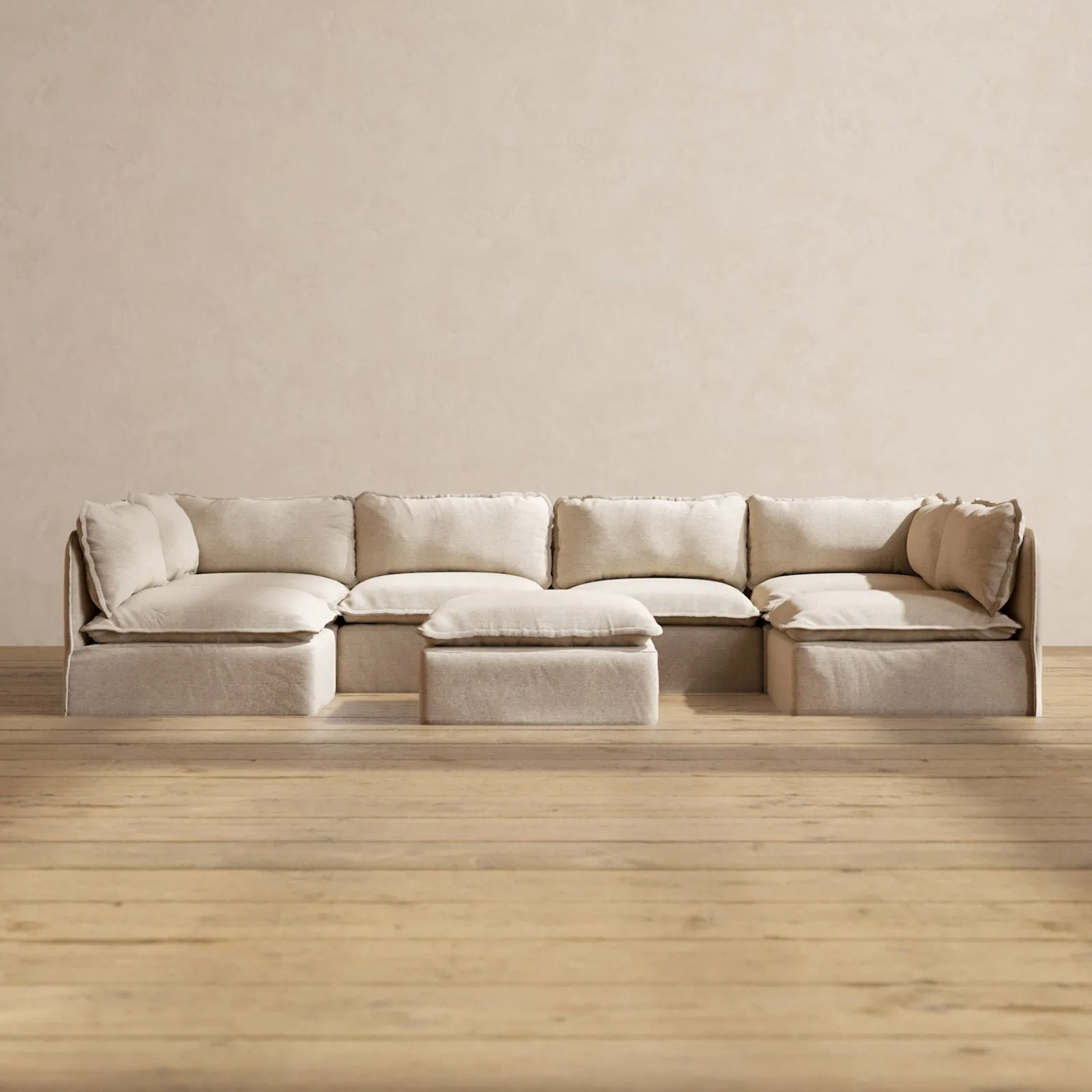 Modular Performance 6-Seater Open-Ends U-Sectional   Ottoman in Oat | Relaxed Blend