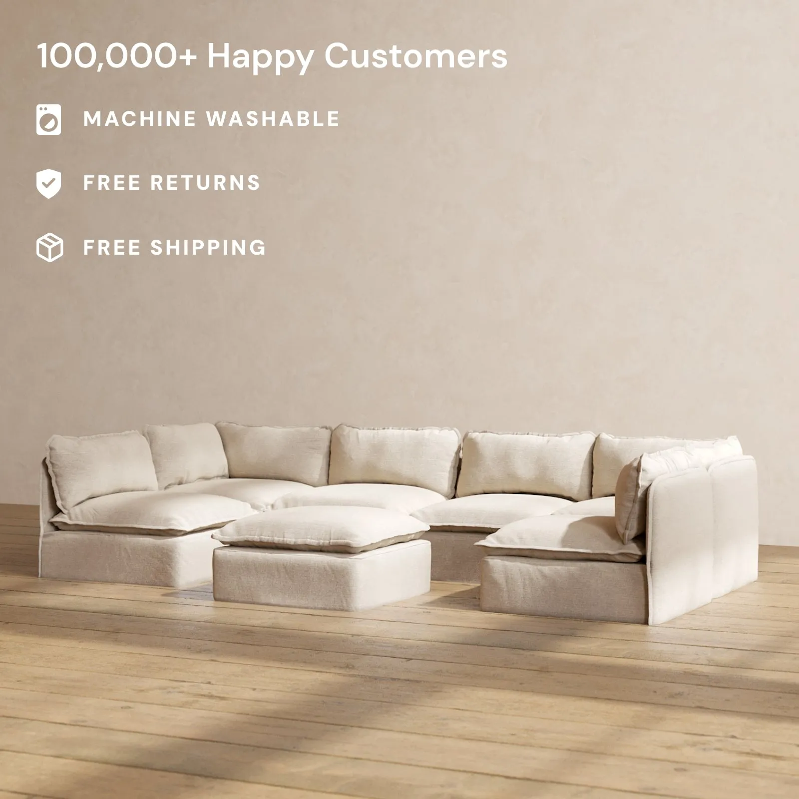 Modular Performance 6-Seater Open-Ends U-Sectional   Ottoman in Oat | Relaxed Blend