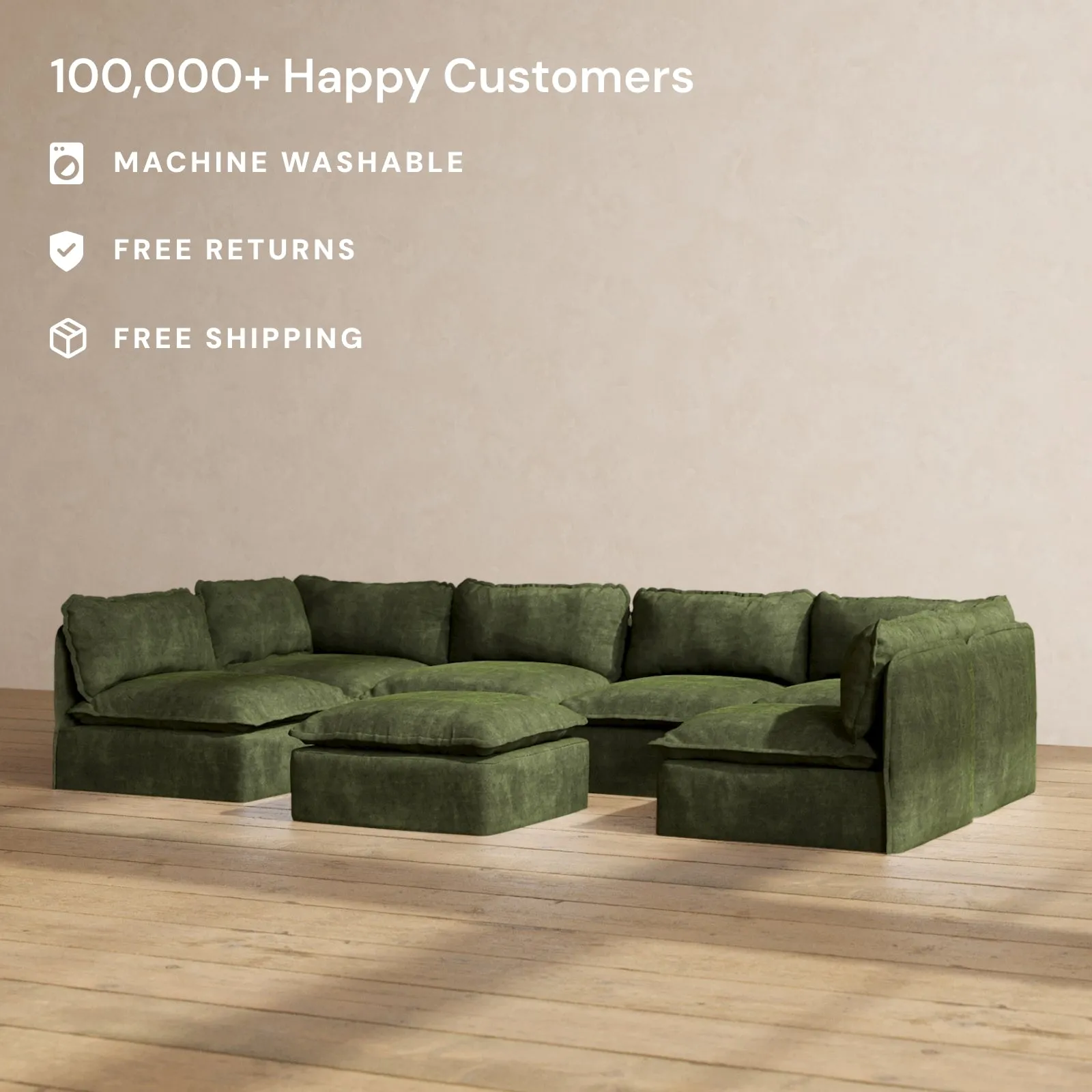 Modular Performance 6-Seater Open-Ends U-Sectional   Ottoman in Olive | Deluxe Blend