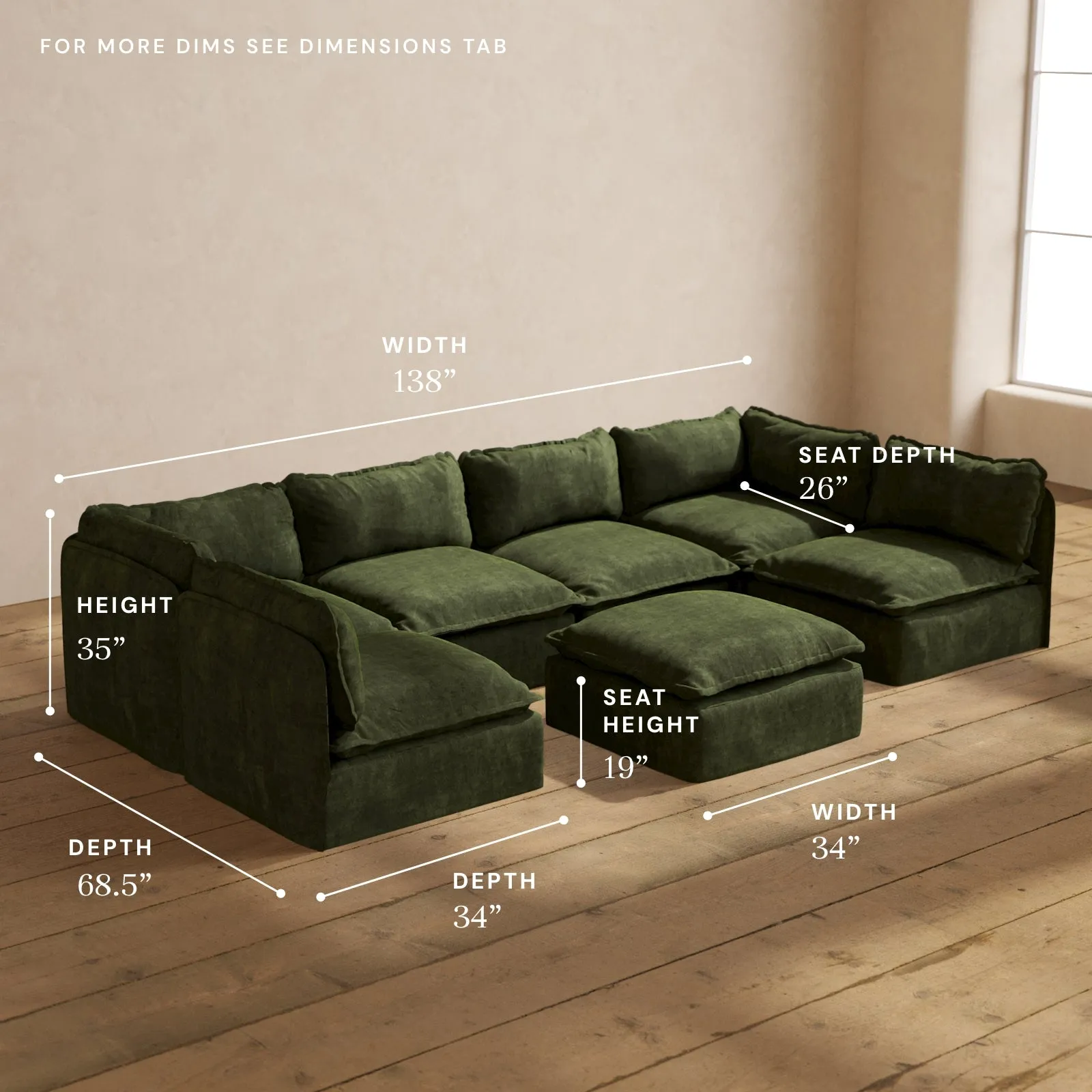Modular Performance 6-Seater Open-Ends U-Sectional   Ottoman in Olive | Relaxed Blend