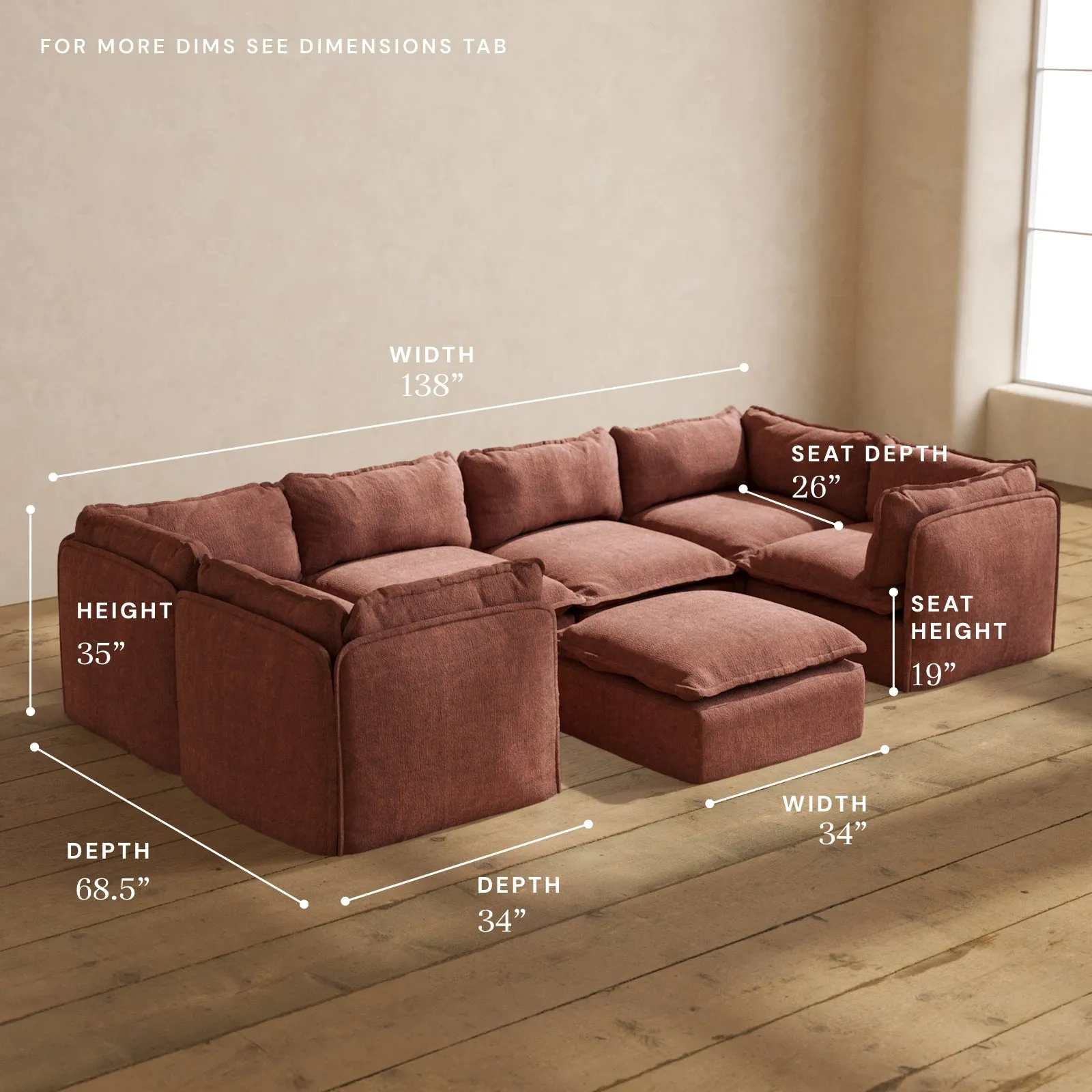 Modular Performance 6-Seater U-Sectional   Ottoman in Chestnut | Deluxe Blend