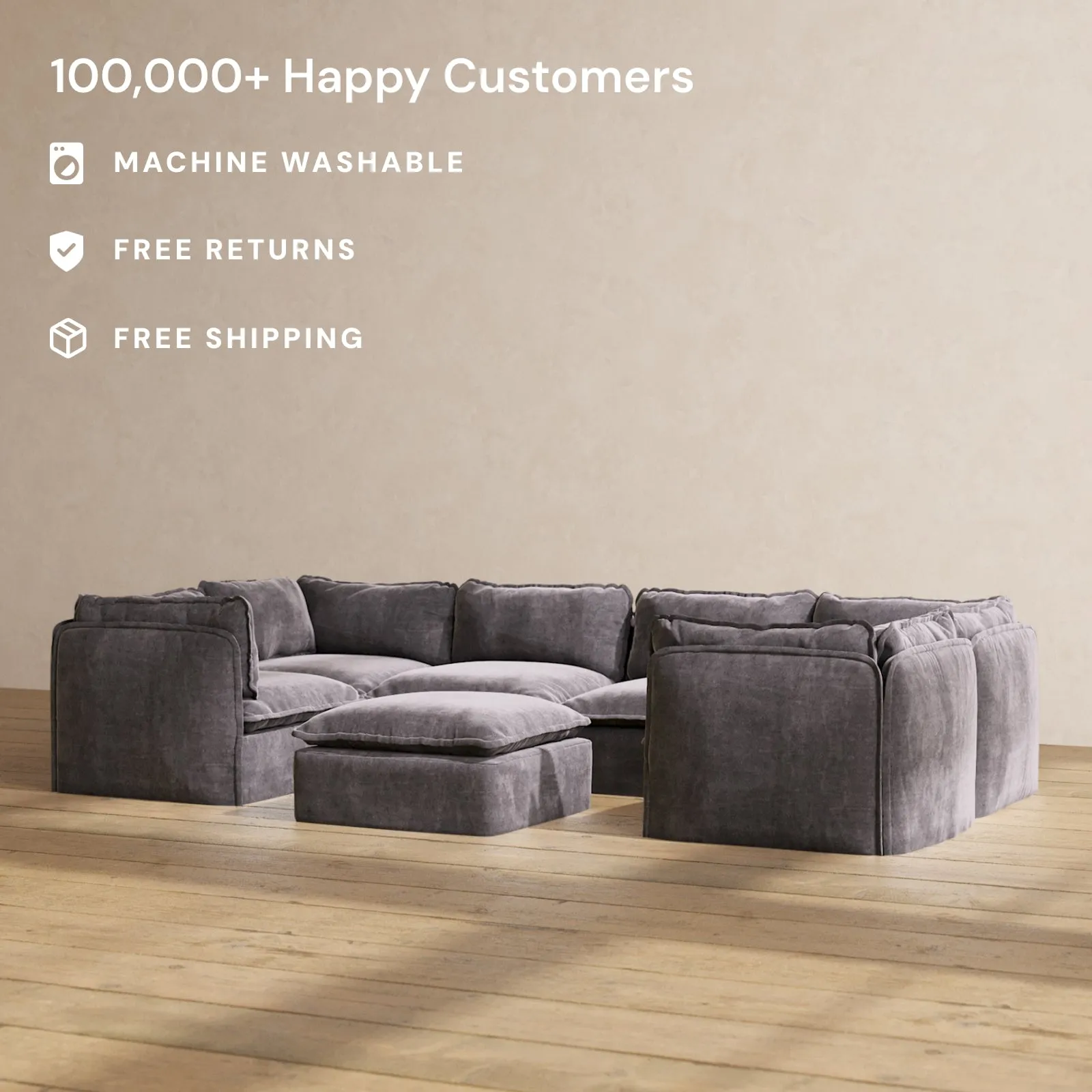 Modular Performance 6-Seater U-Sectional   Ottoman in Cinder | Deluxe Blend
