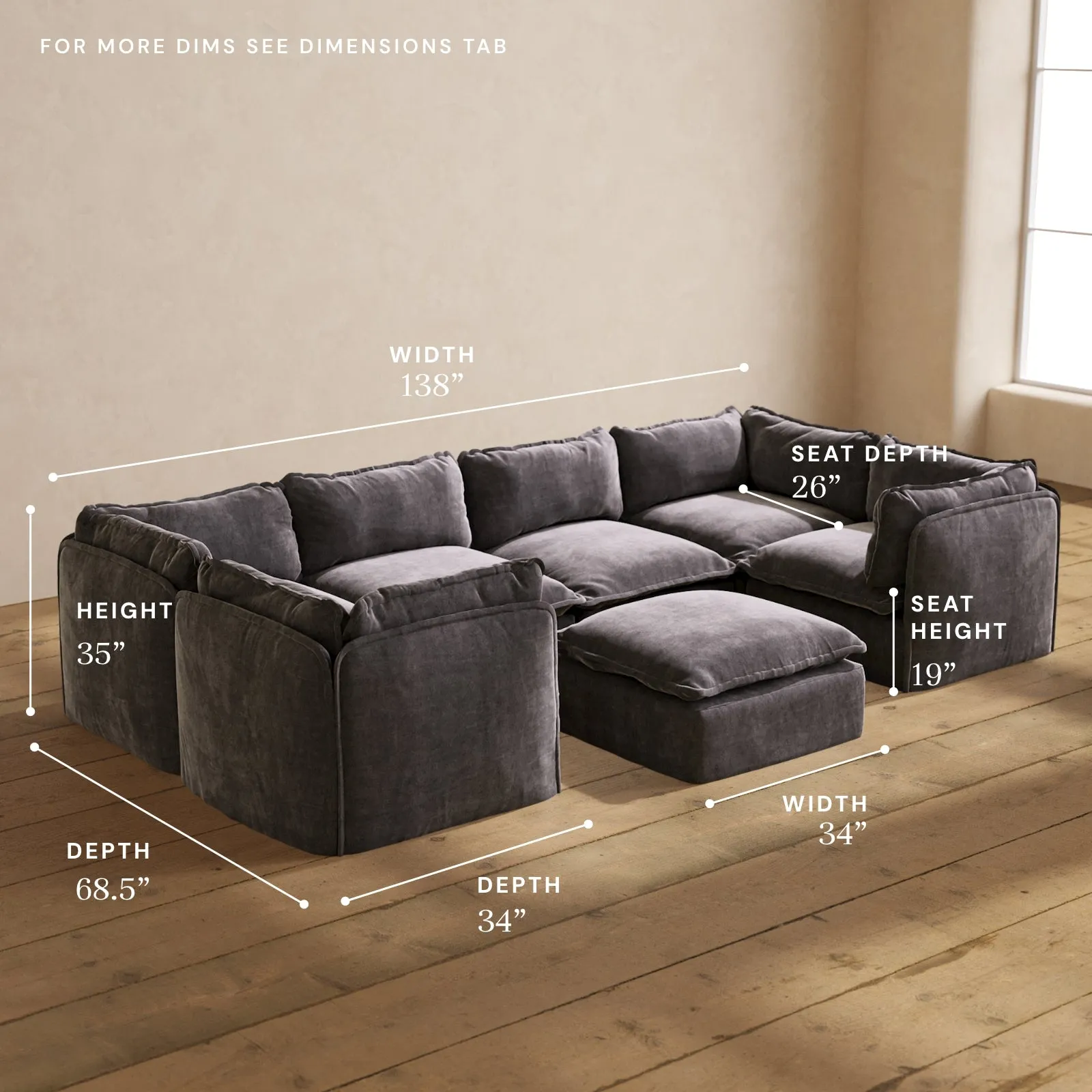 Modular Performance 6-Seater U-Sectional   Ottoman in Cinder | Relaxed Blend