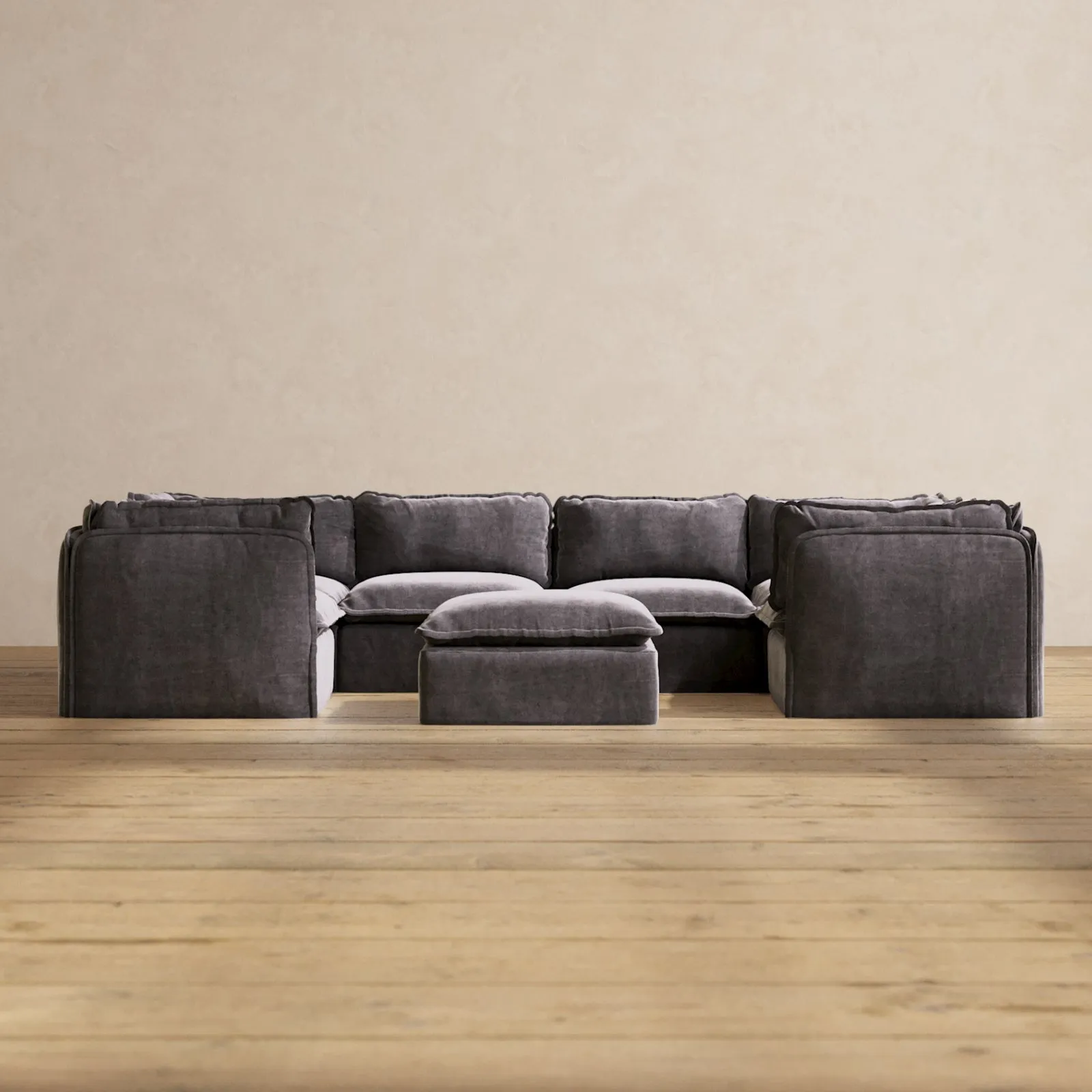 Modular Performance 6-Seater U-Sectional   Ottoman in Cinder | Relaxed Blend