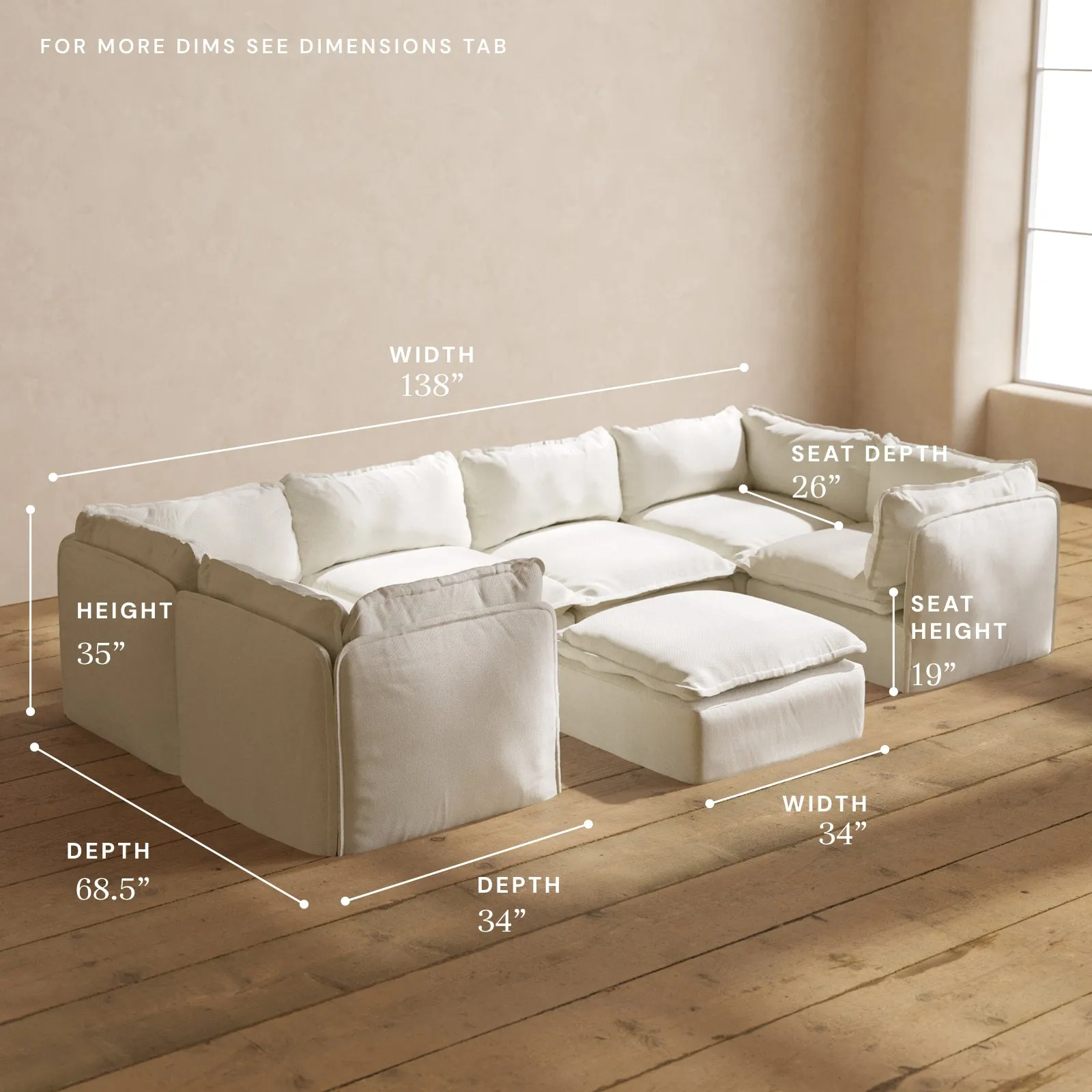Modular Performance 6-Seater U-Sectional   Ottoman in Eggshell | Deluxe Blend