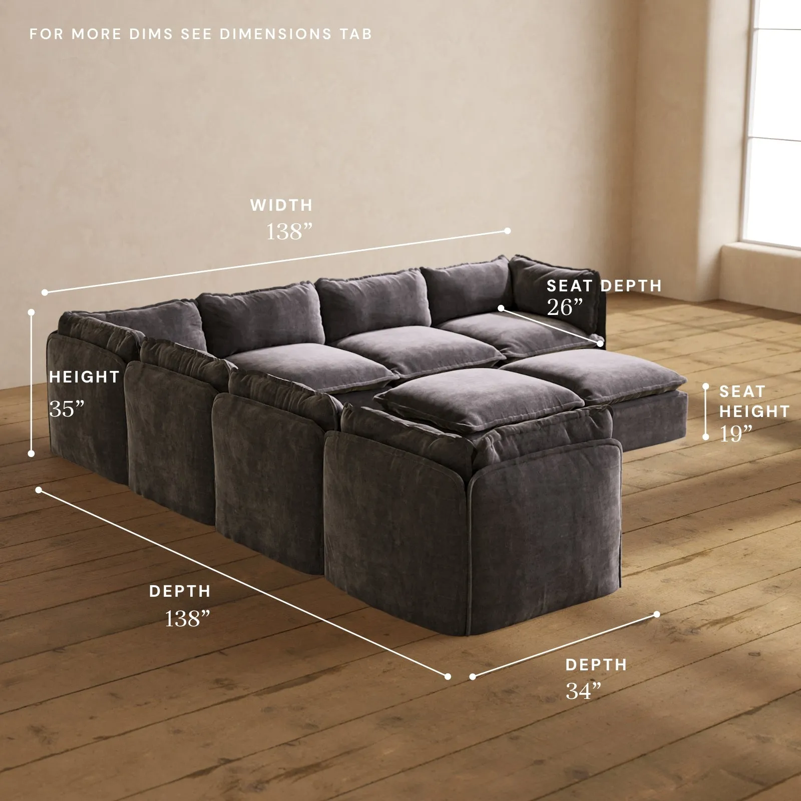 Modular Performance 7-Seater Corner Sectional   Bench Ottoman in Cinder | Relaxed Blend