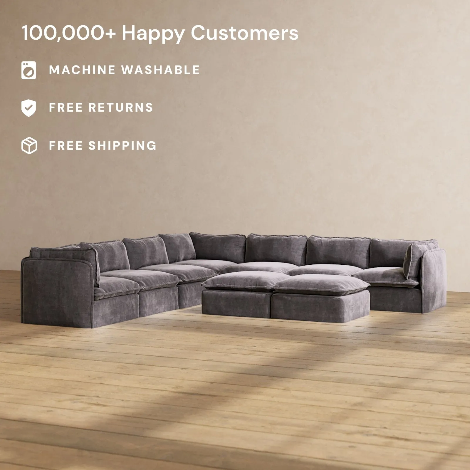 Modular Performance 7-Seater Corner Sectional   Bench Ottoman in Cinder | Relaxed Blend