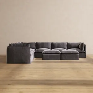 Modular Performance 7-Seater Corner Sectional   Bench Ottoman in Cinder | Relaxed Blend