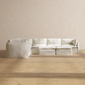 Modular Performance 7-Seater Corner Sectional   Bench Ottoman in Eggshell | Deluxe Blend