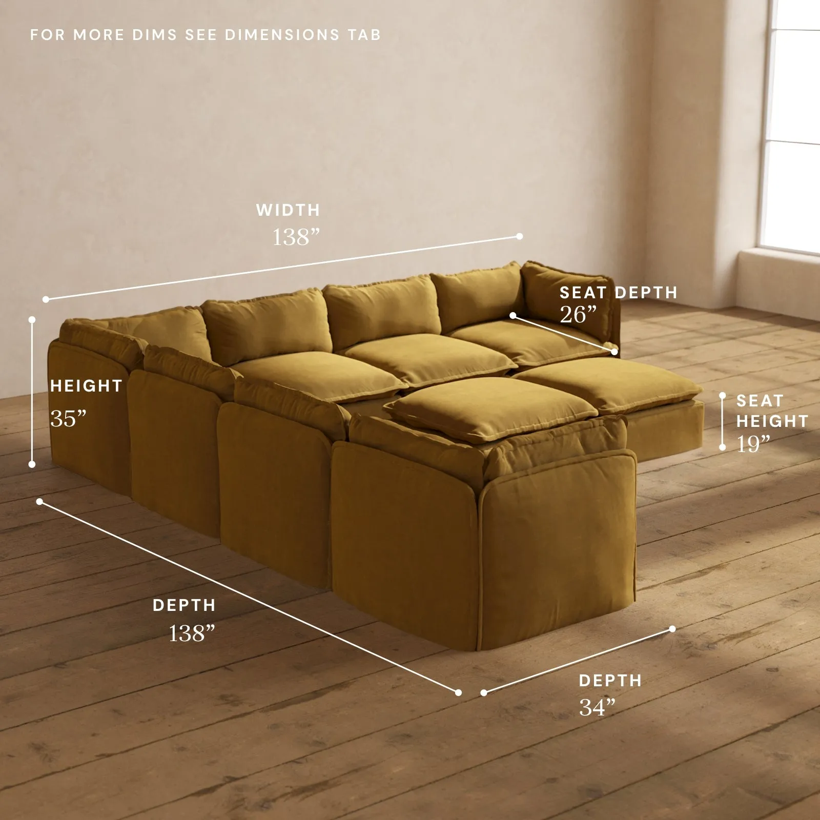 Modular Performance 7-Seater Corner Sectional   Bench Ottoman in Toffee | Relaxed Blend