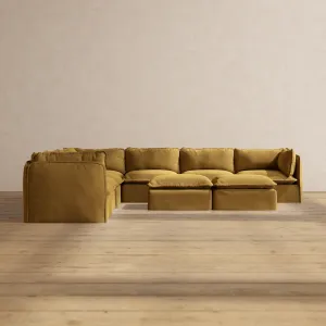 Modular Performance 7-Seater Corner Sectional   Bench Ottoman in Toffee | Relaxed Blend
