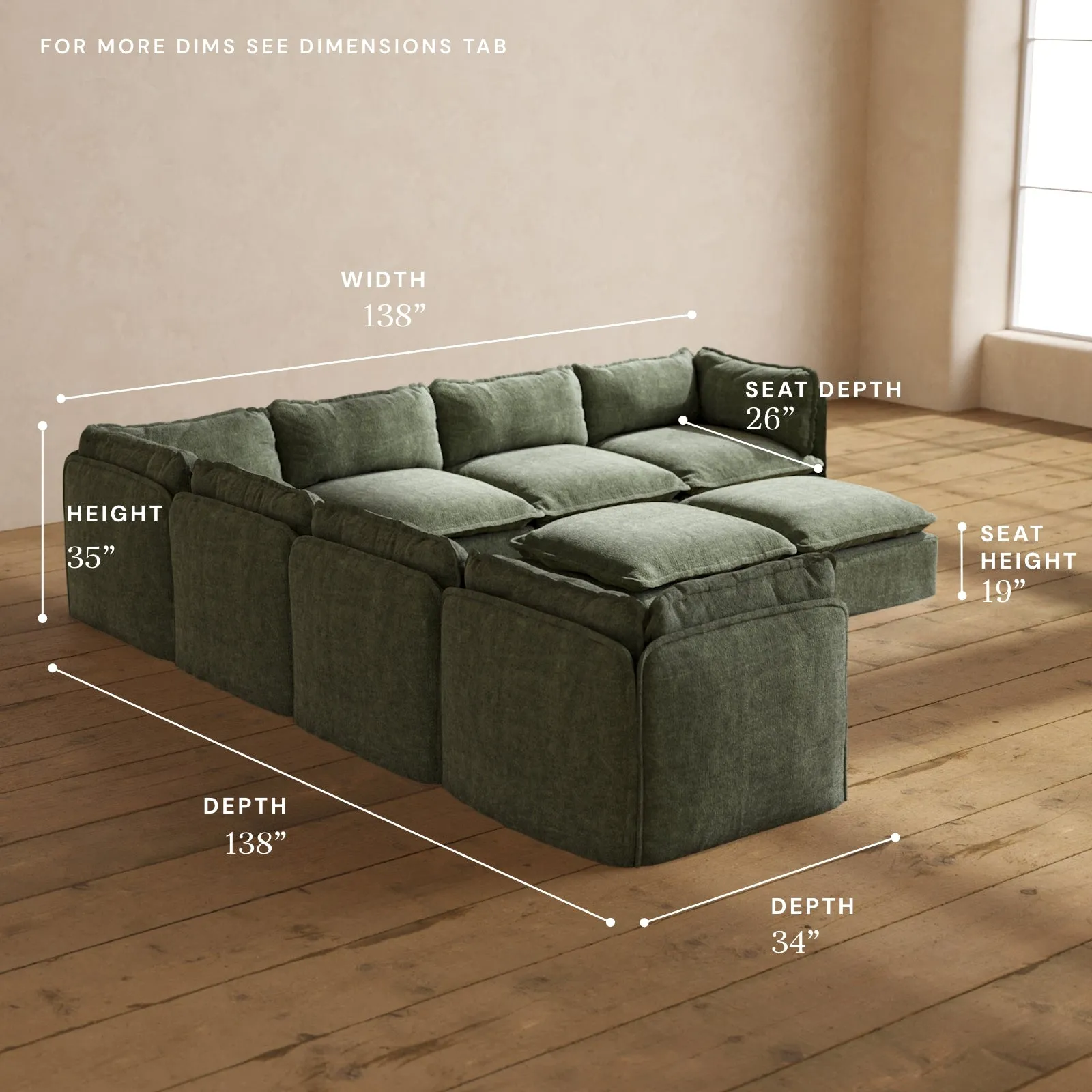Modular Performance 7-Seater Corner Sectional   Bench Ottoman in Willow | Deluxe Blend