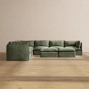 Modular Performance 7-Seater Corner Sectional   Bench Ottoman in Willow | Deluxe Blend