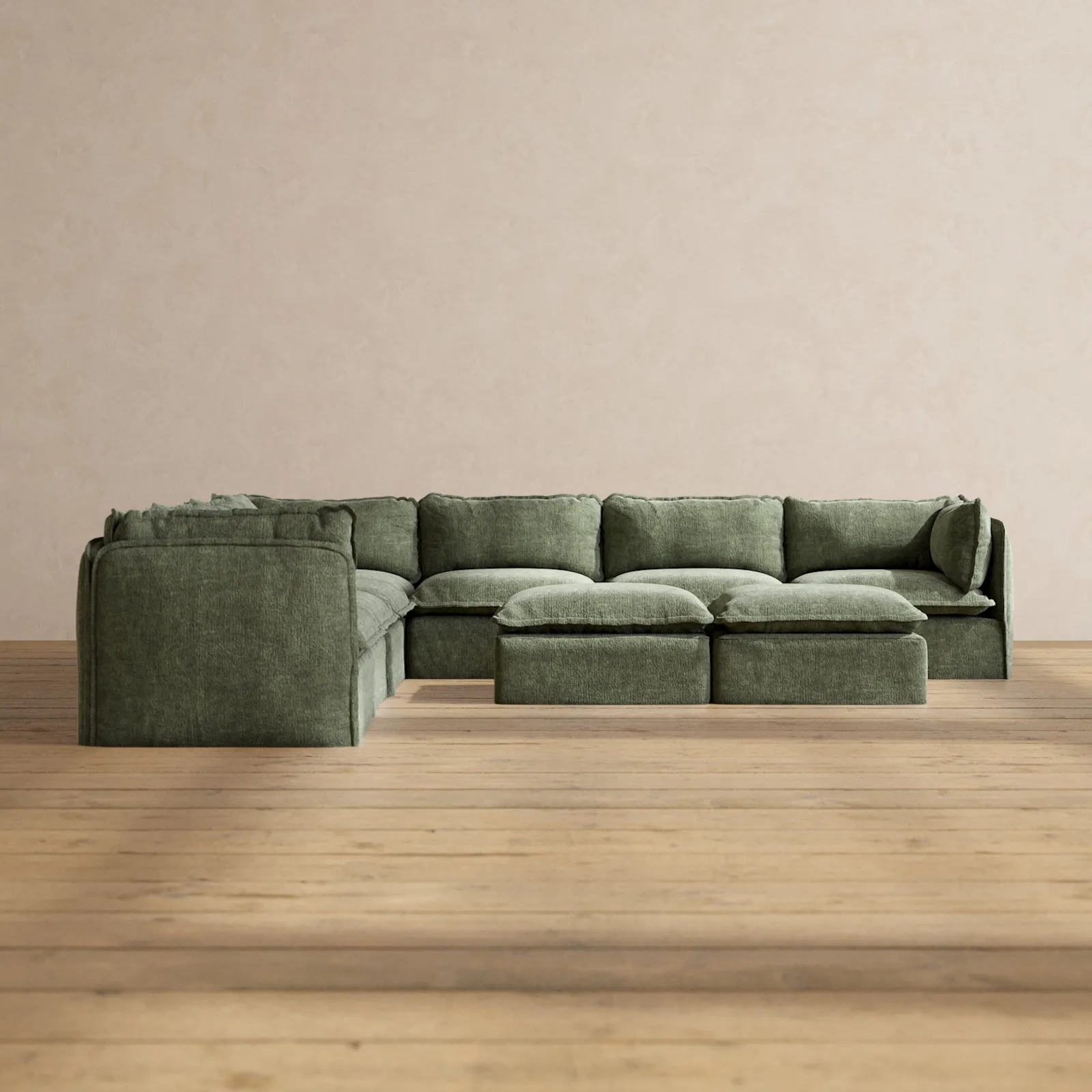 Modular Performance 7-Seater Corner Sectional   Bench Ottoman in Willow | Deluxe Blend