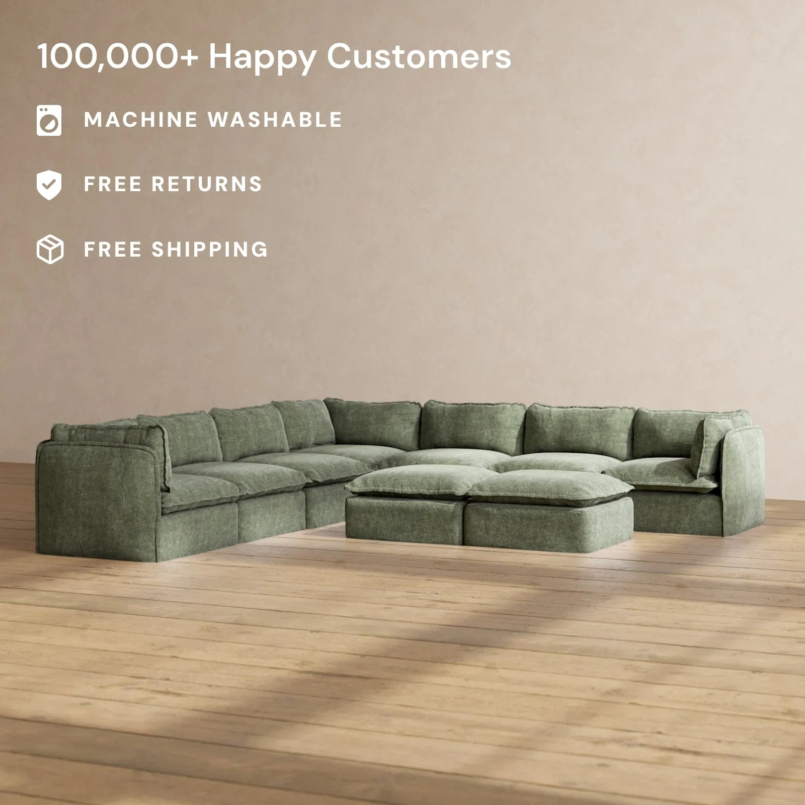 Modular Performance 7-Seater Corner Sectional   Bench Ottoman in Willow | Deluxe Blend