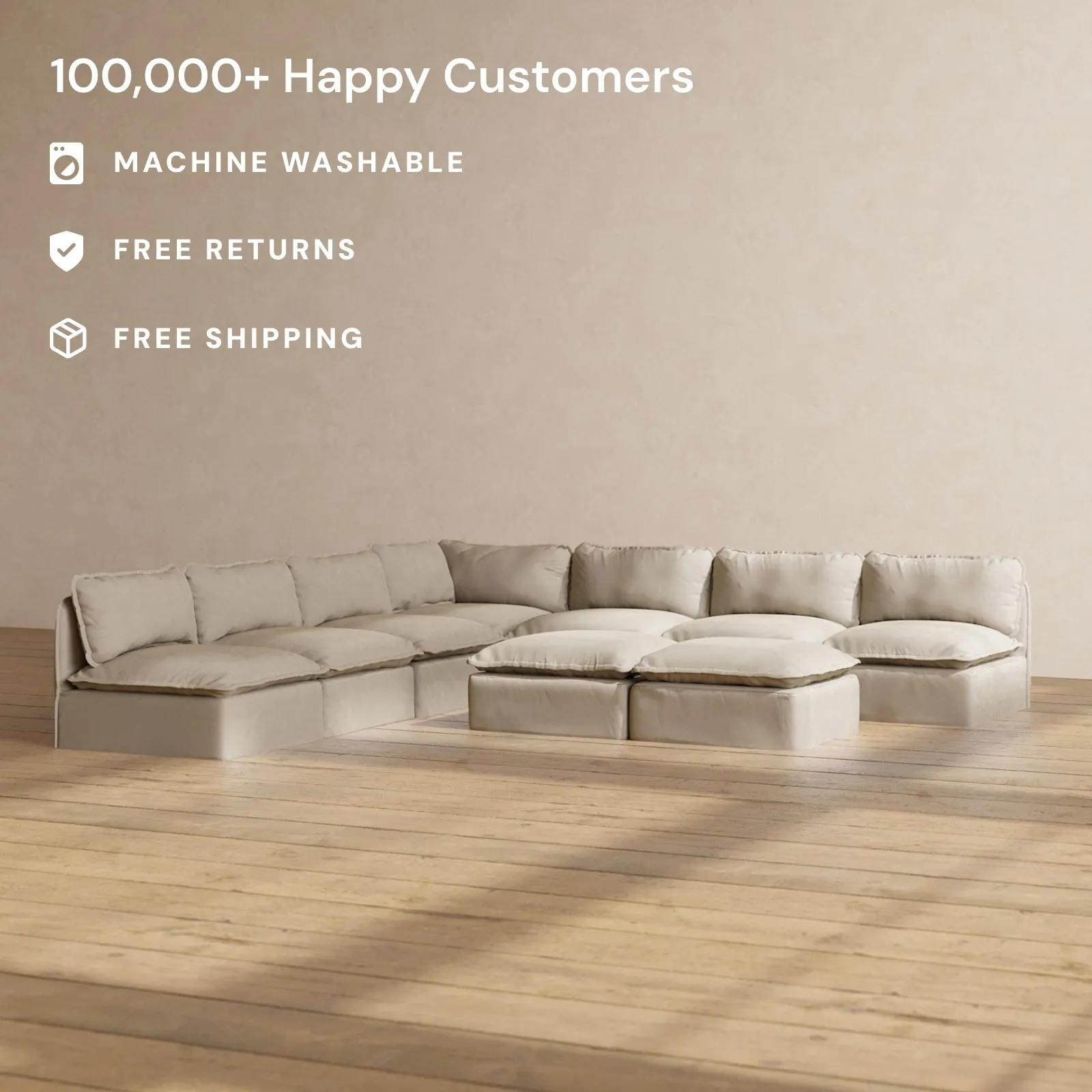 Modular Performance 7-Seater Open-Ends Corner Sectional   Bench Ottoman in Dune | Relaxed Blend