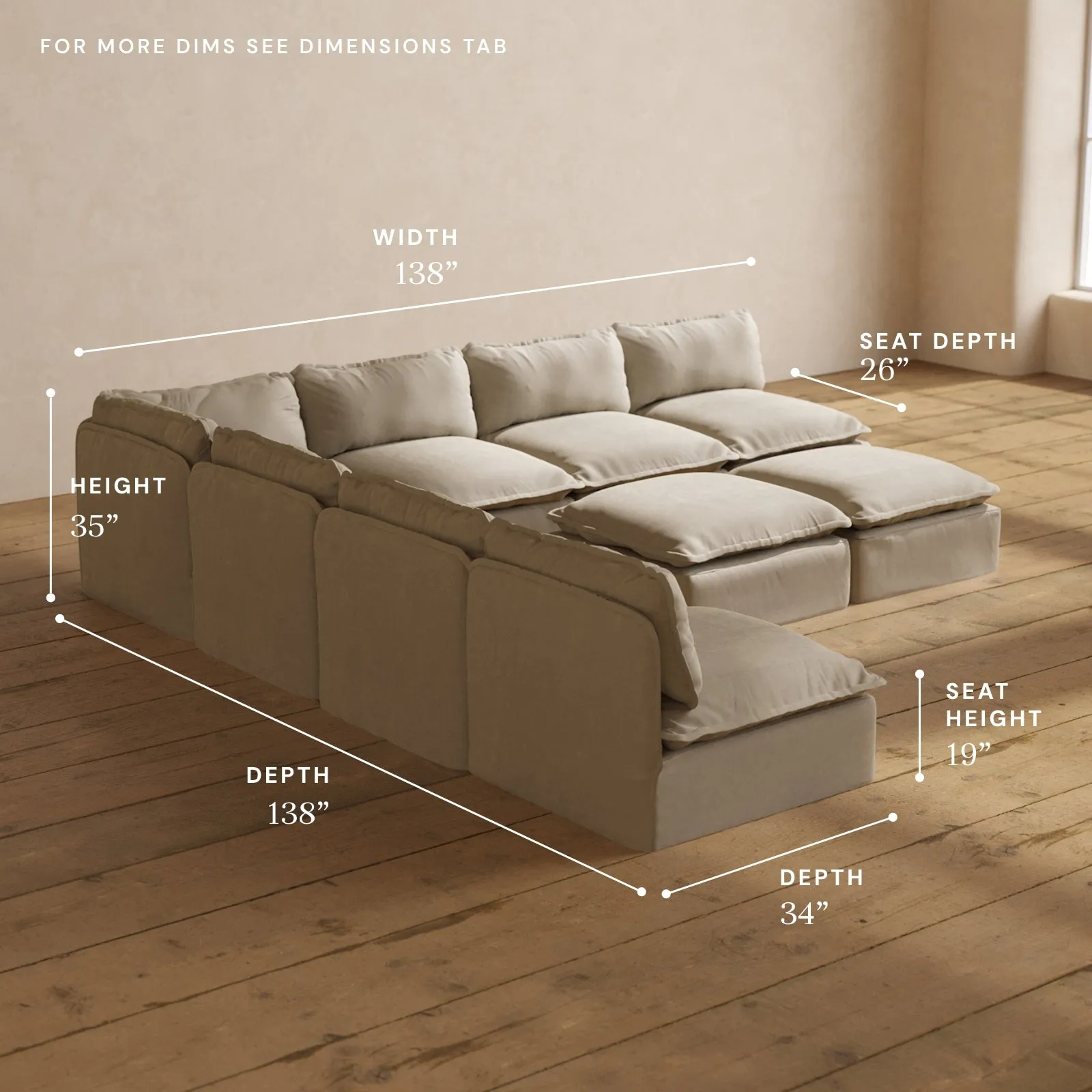 Modular Performance 7-Seater Open-Ends Corner Sectional   Bench Ottoman in Dune | Relaxed Blend