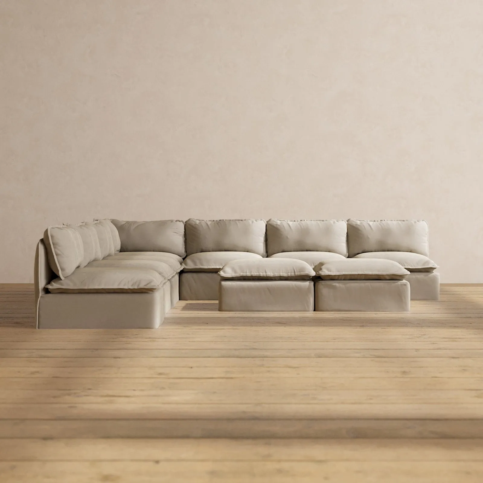 Modular Performance 7-Seater Open-Ends Corner Sectional   Bench Ottoman in Dune | Relaxed Blend