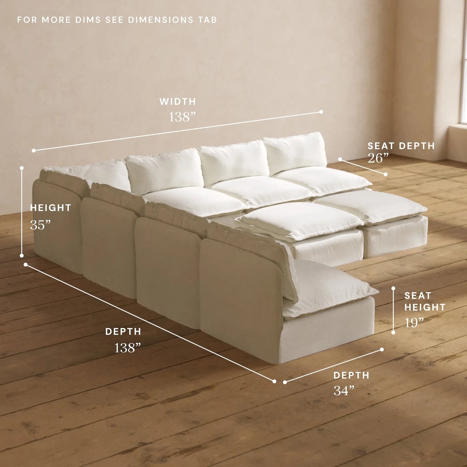 Modular Performance 7-Seater Open-Ends Corner Sectional   Bench Ottoman in Eggshell | Relaxed Blend