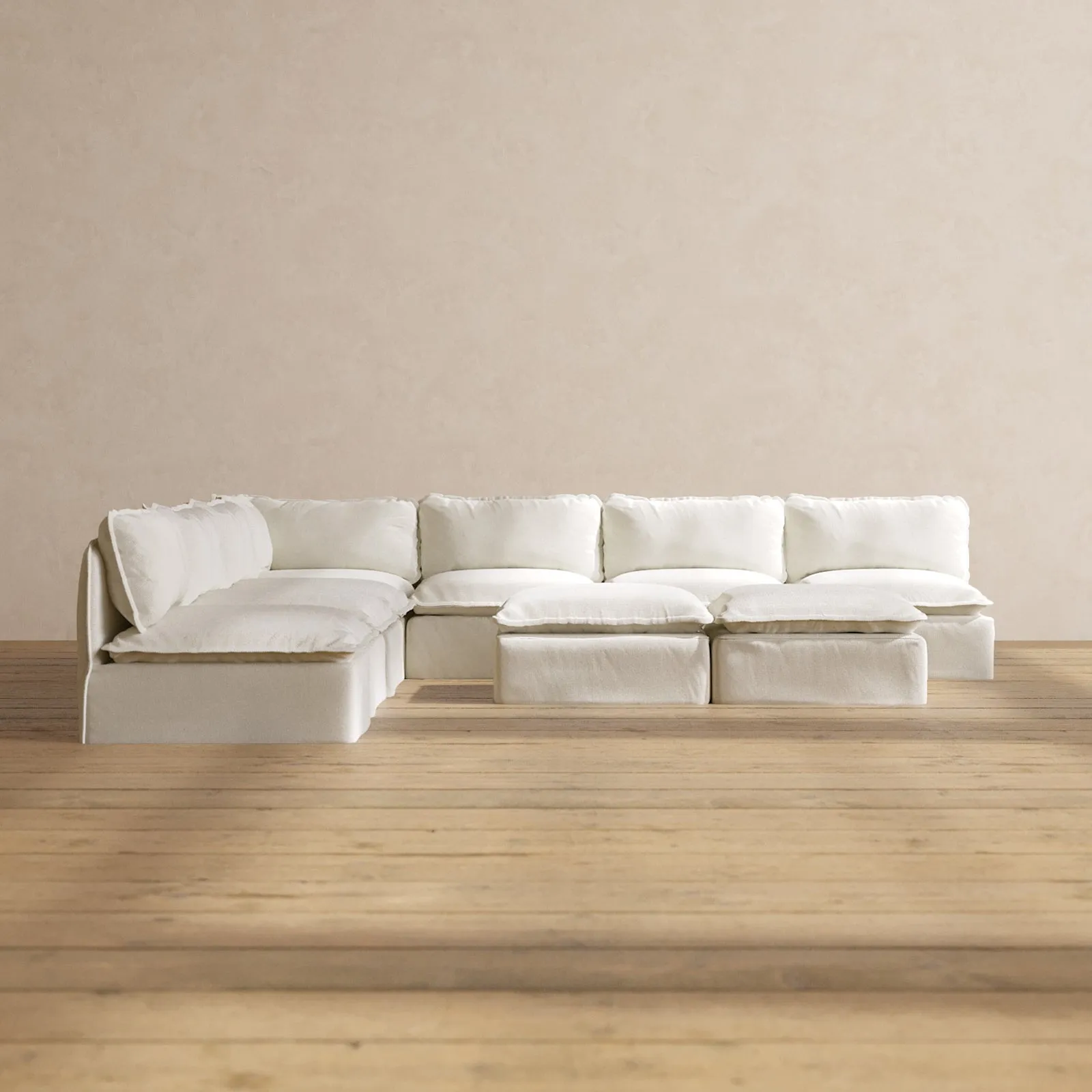 Modular Performance 7-Seater Open-Ends Corner Sectional   Bench Ottoman in Eggshell | Relaxed Blend