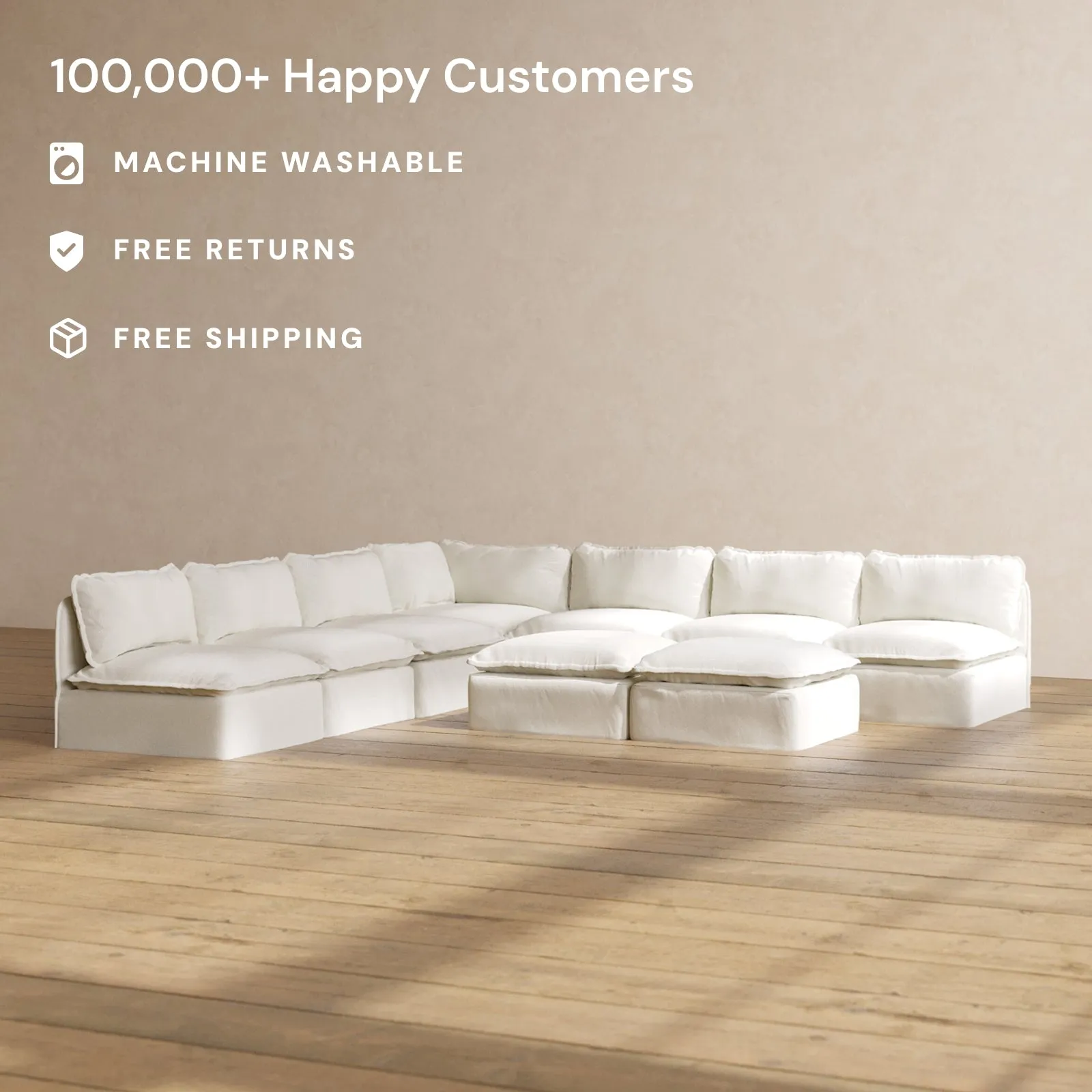 Modular Performance 7-Seater Open-Ends Corner Sectional   Bench Ottoman in Eggshell | Relaxed Blend