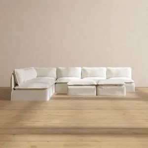 Modular Performance 7-Seater Open-Ends Corner Sectional   Bench Ottoman in Eggshell | Relaxed Blend