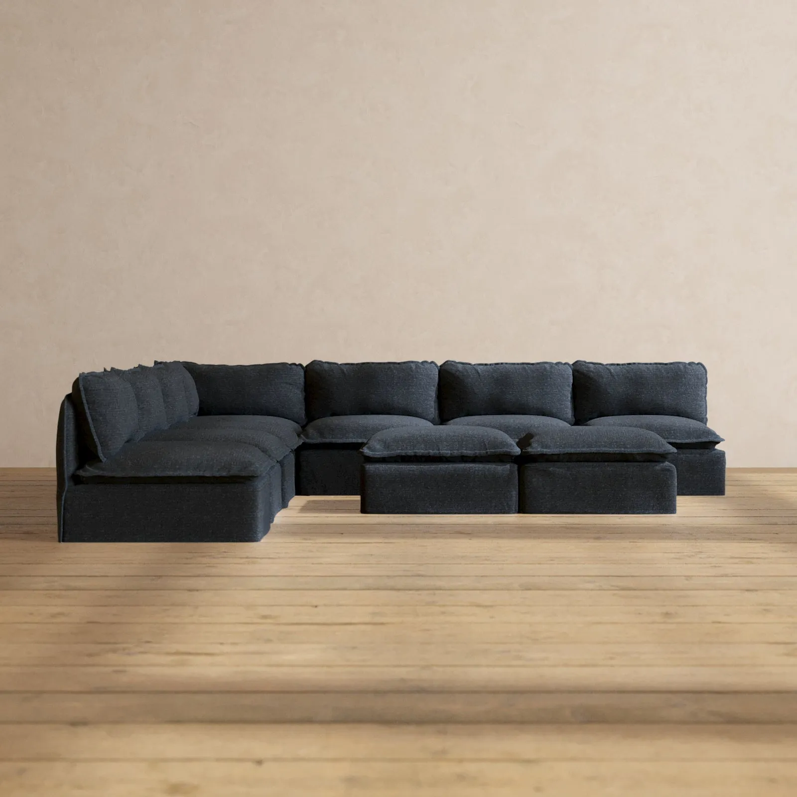 Modular Performance 7-Seater Open-Ends Corner Sectional   Bench Ottoman in Indigo | Relaxed Blend