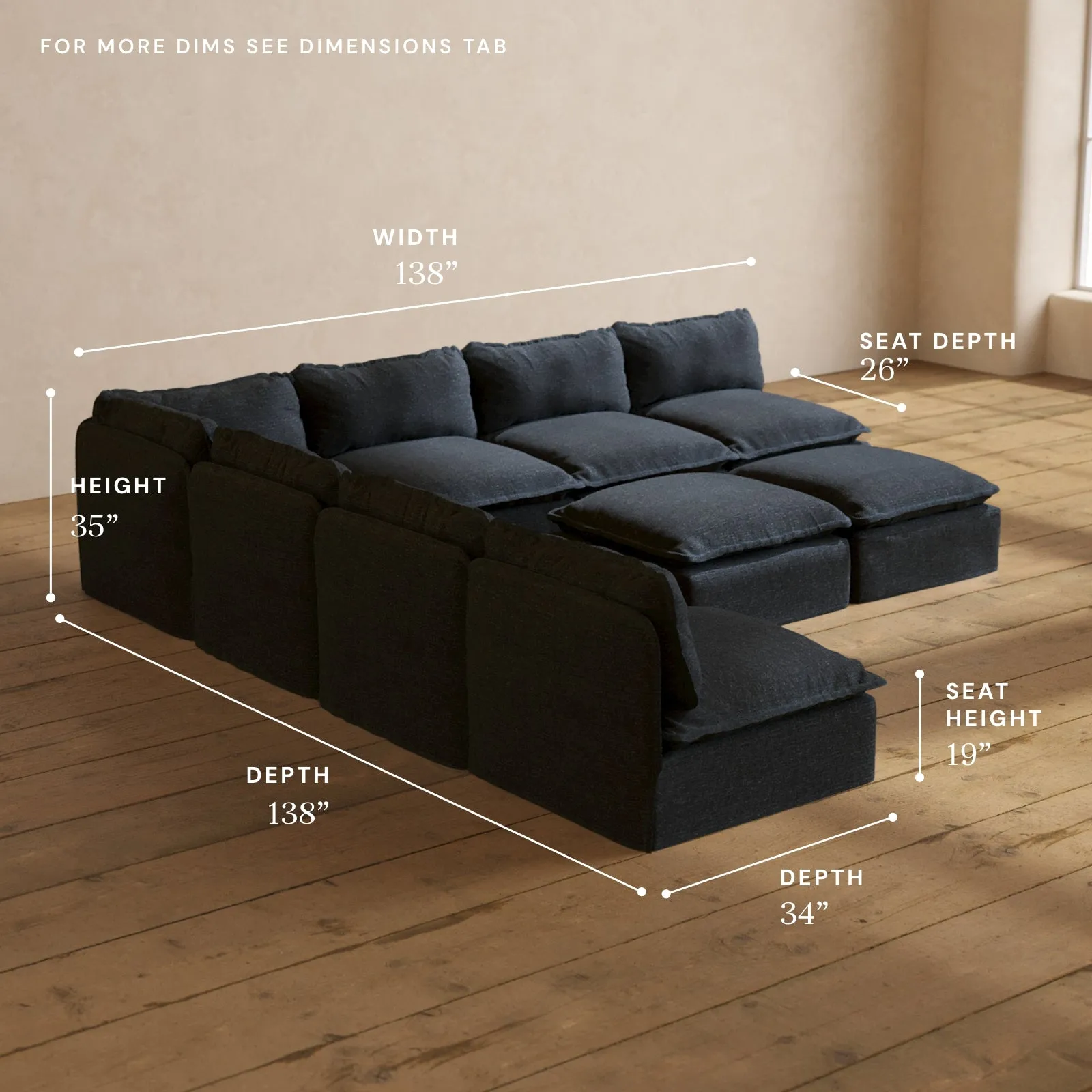 Modular Performance 7-Seater Open-Ends Corner Sectional   Bench Ottoman in Indigo | Relaxed Blend