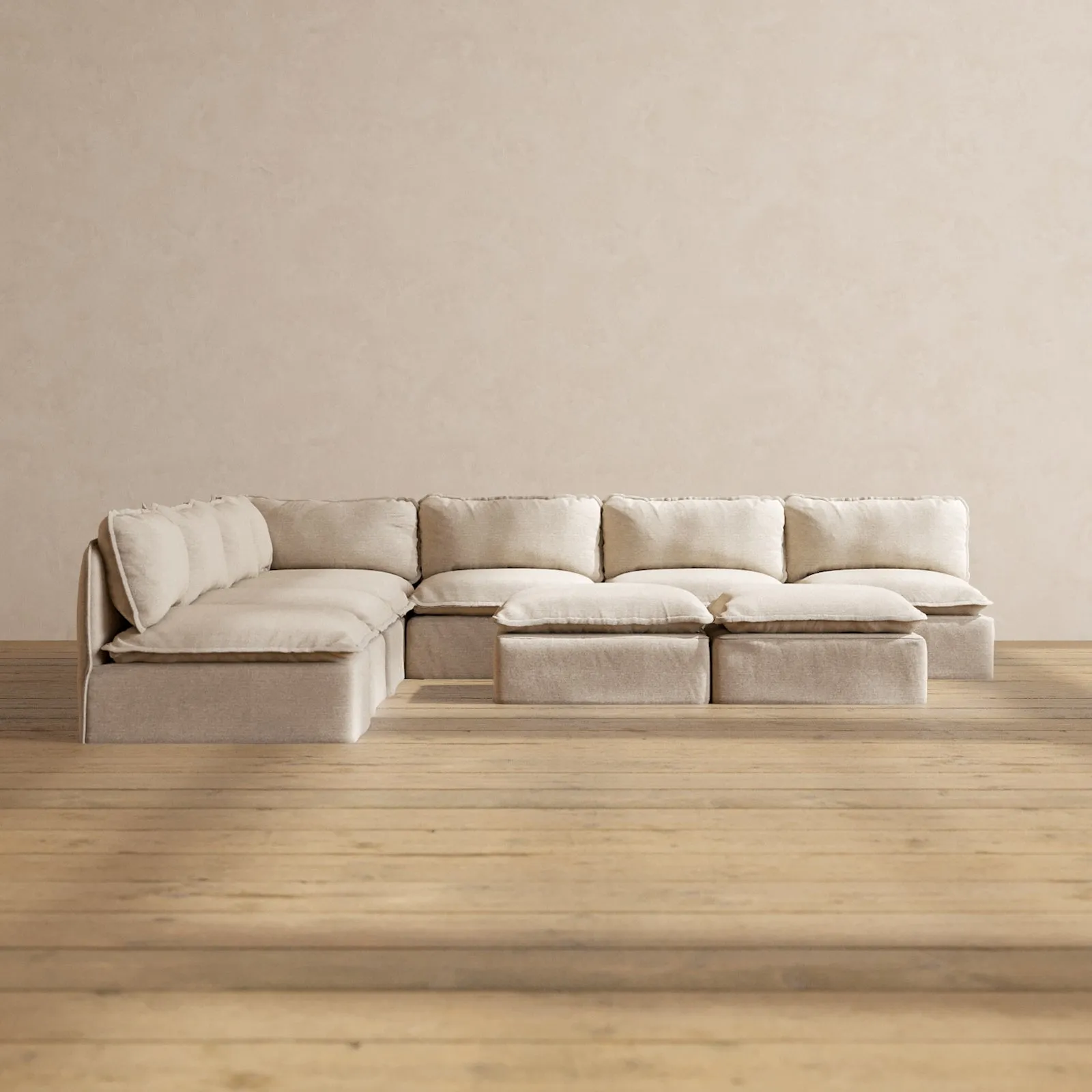 Modular Performance 7-Seater Open-Ends Corner Sectional   Bench Ottoman in Oat | Deluxe Blend