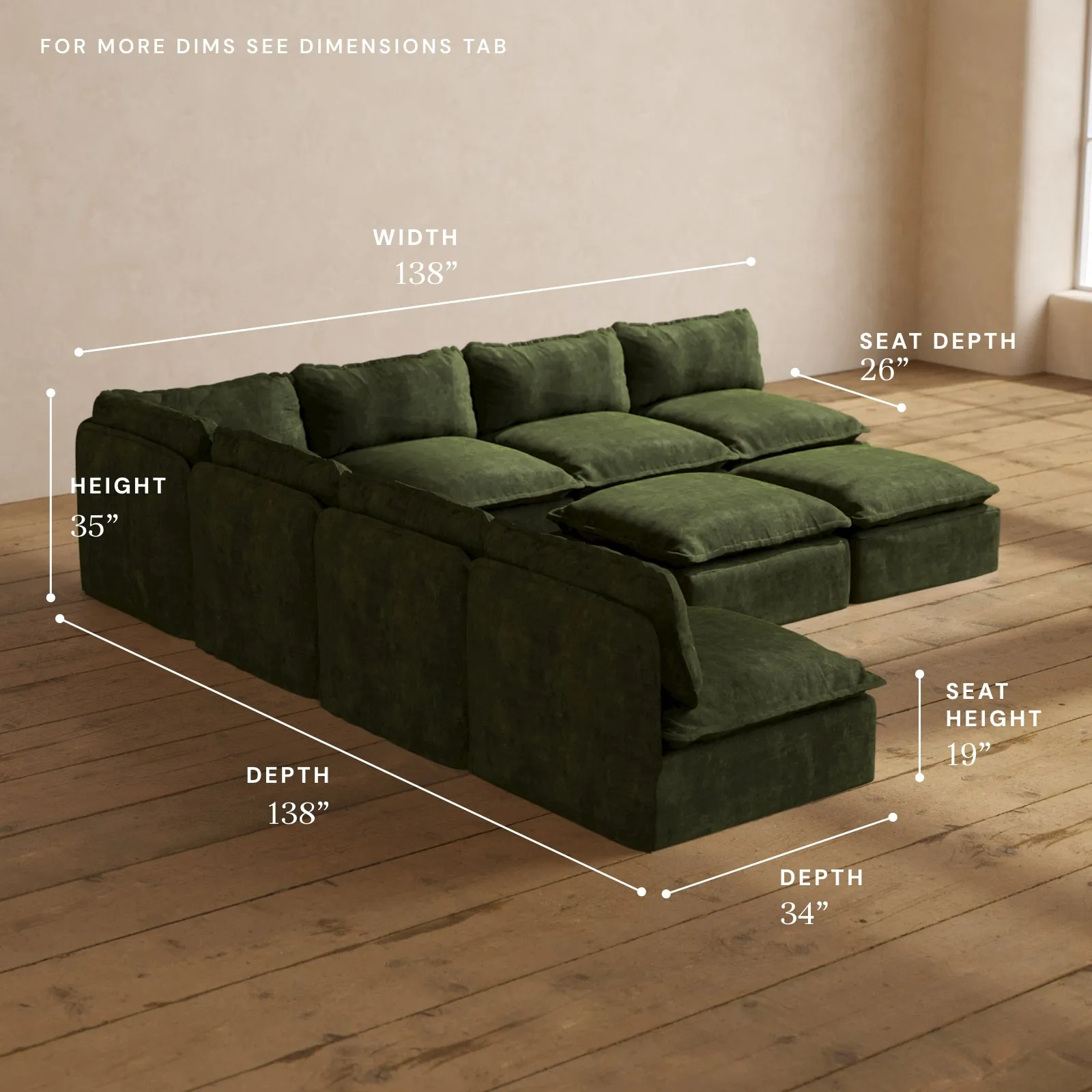 Modular Performance 7-Seater Open-Ends Corner Sectional   Bench Ottoman in Olive | Relaxed Blend