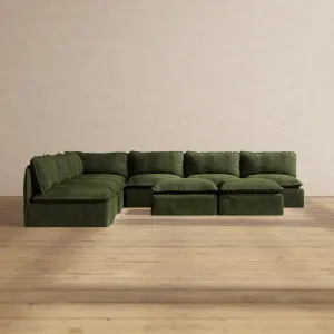 Modular Performance 7-Seater Open-Ends Corner Sectional   Bench Ottoman in Olive | Relaxed Blend