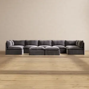 Modular Performance 7-Seater Open-Ends U-Sectional   Bench Ottoman in Cinder | Relaxed Blend