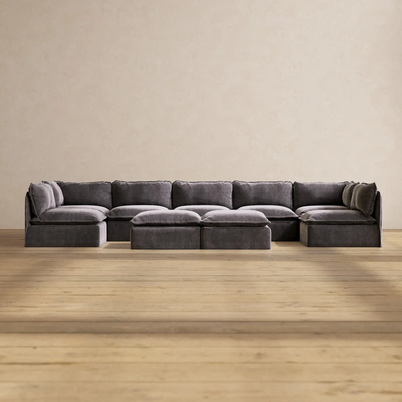 Modular Performance 7-Seater Open-Ends U-Sectional   Bench Ottoman in Cinder | Relaxed Blend