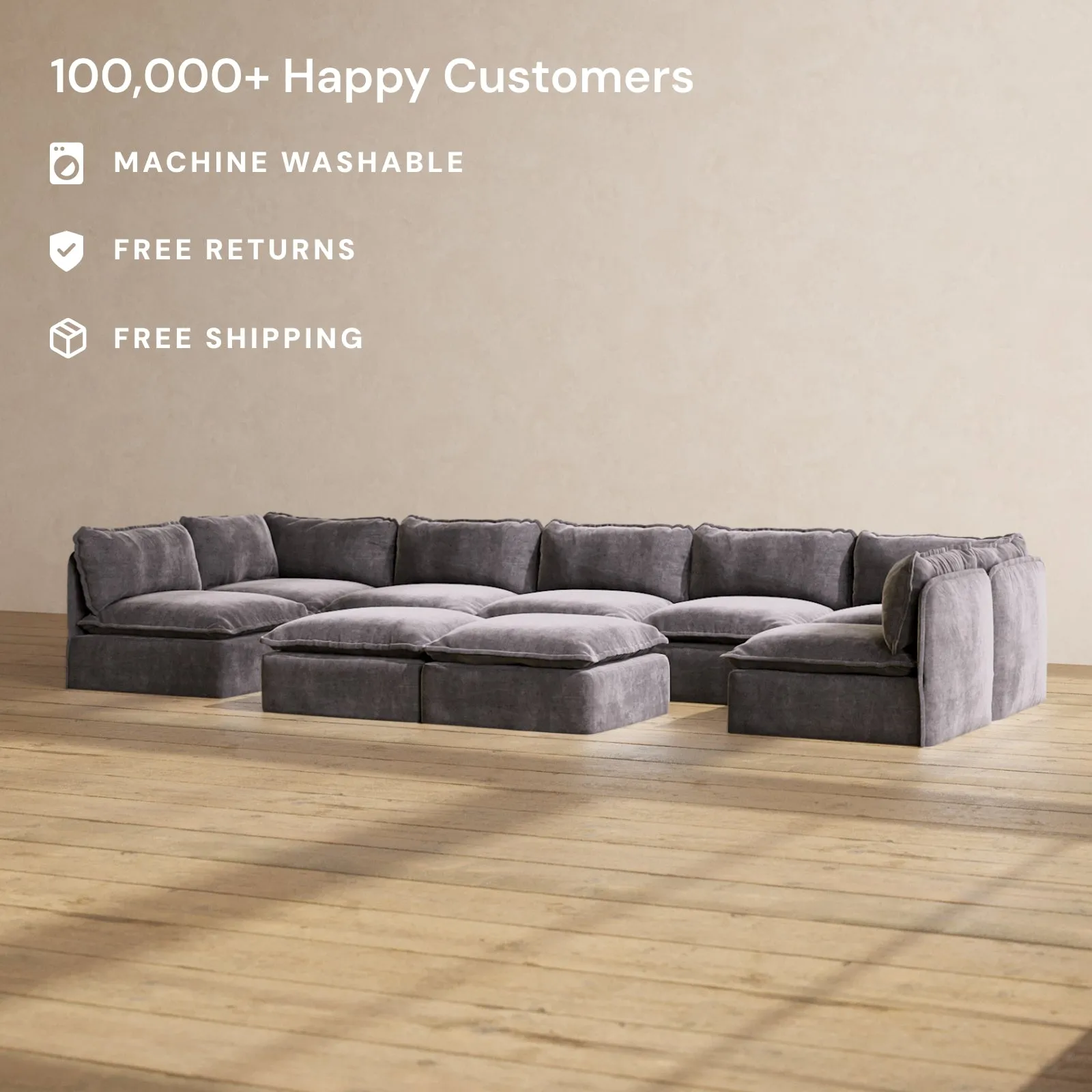 Modular Performance 7-Seater Open-Ends U-Sectional   Bench Ottoman in Cinder | Relaxed Blend