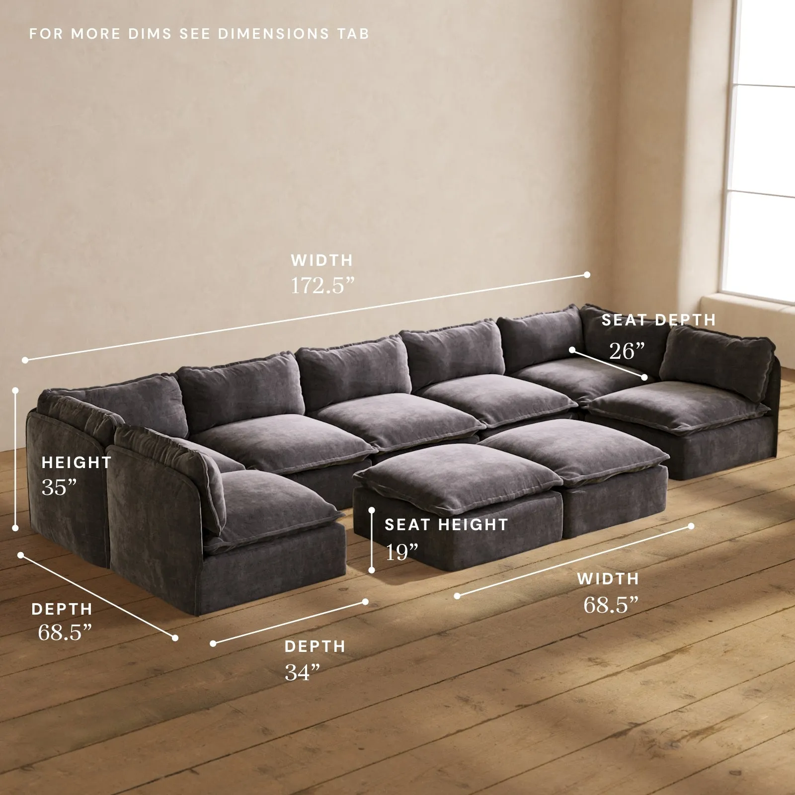 Modular Performance 7-Seater Open-Ends U-Sectional   Bench Ottoman in Cinder | Relaxed Blend